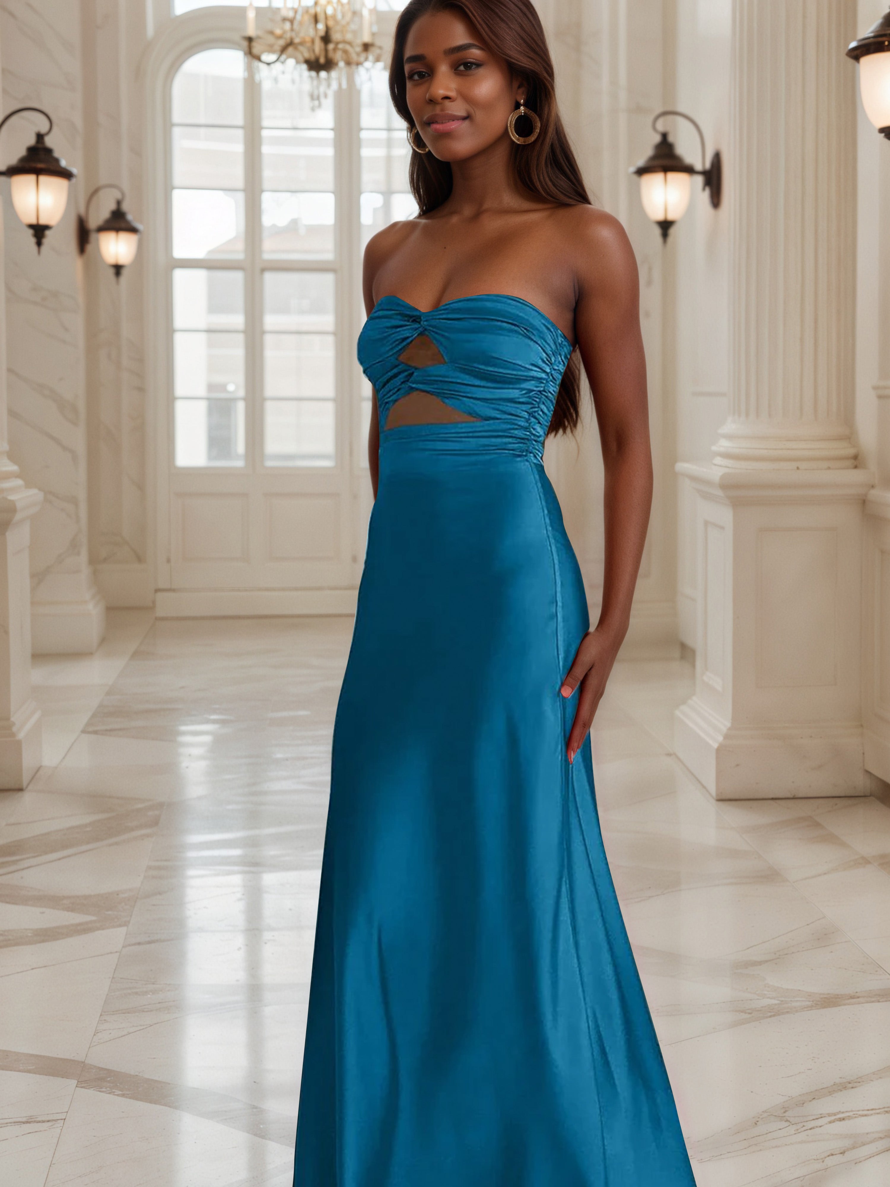 Robe de Soirée BLEU ENCRE Robe Bustier Fourreau avec Ouverture en Forme de Trou