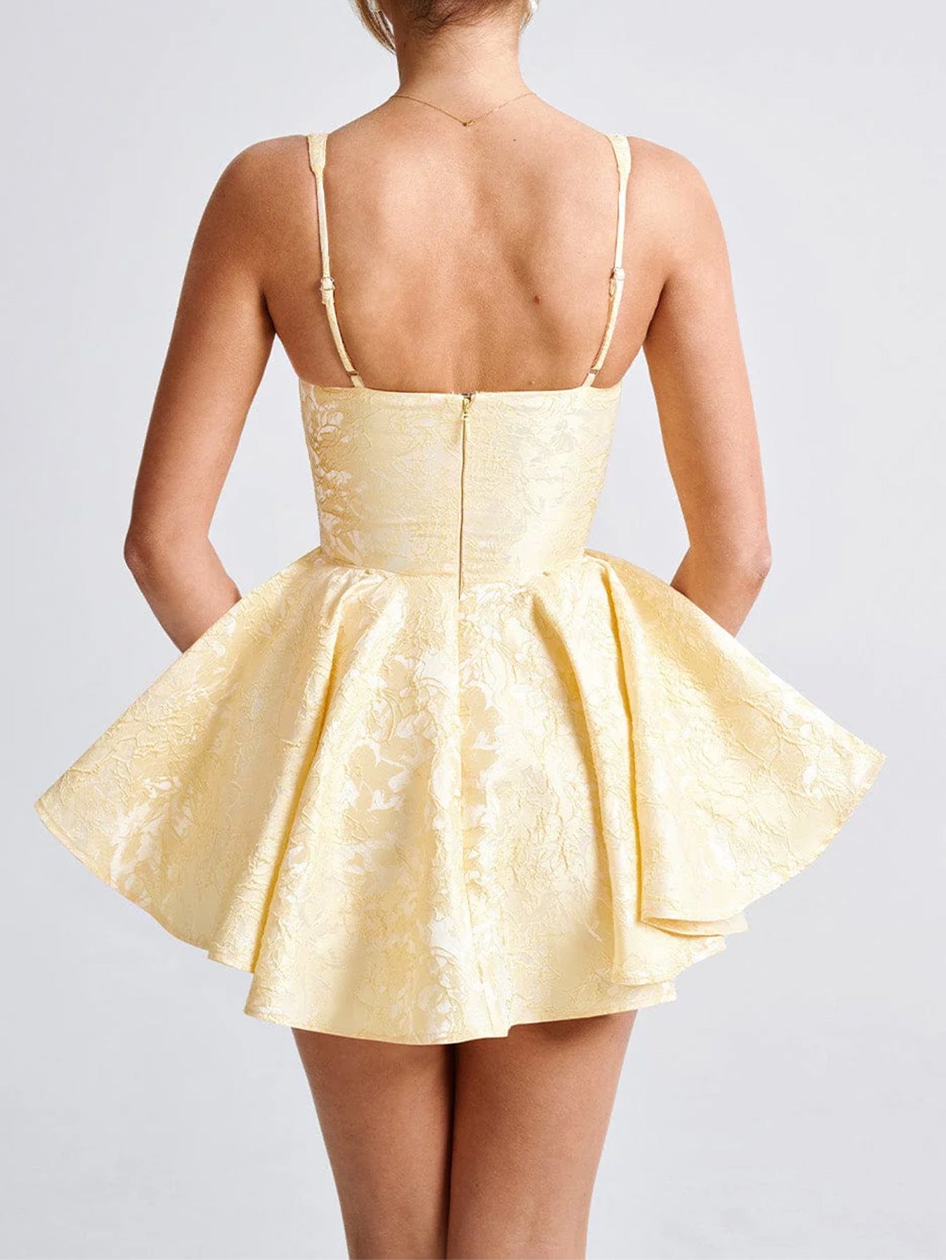 Robe Invitée Mariage JONQUILLE Mini Florale Encolure Carrée avec Nœud