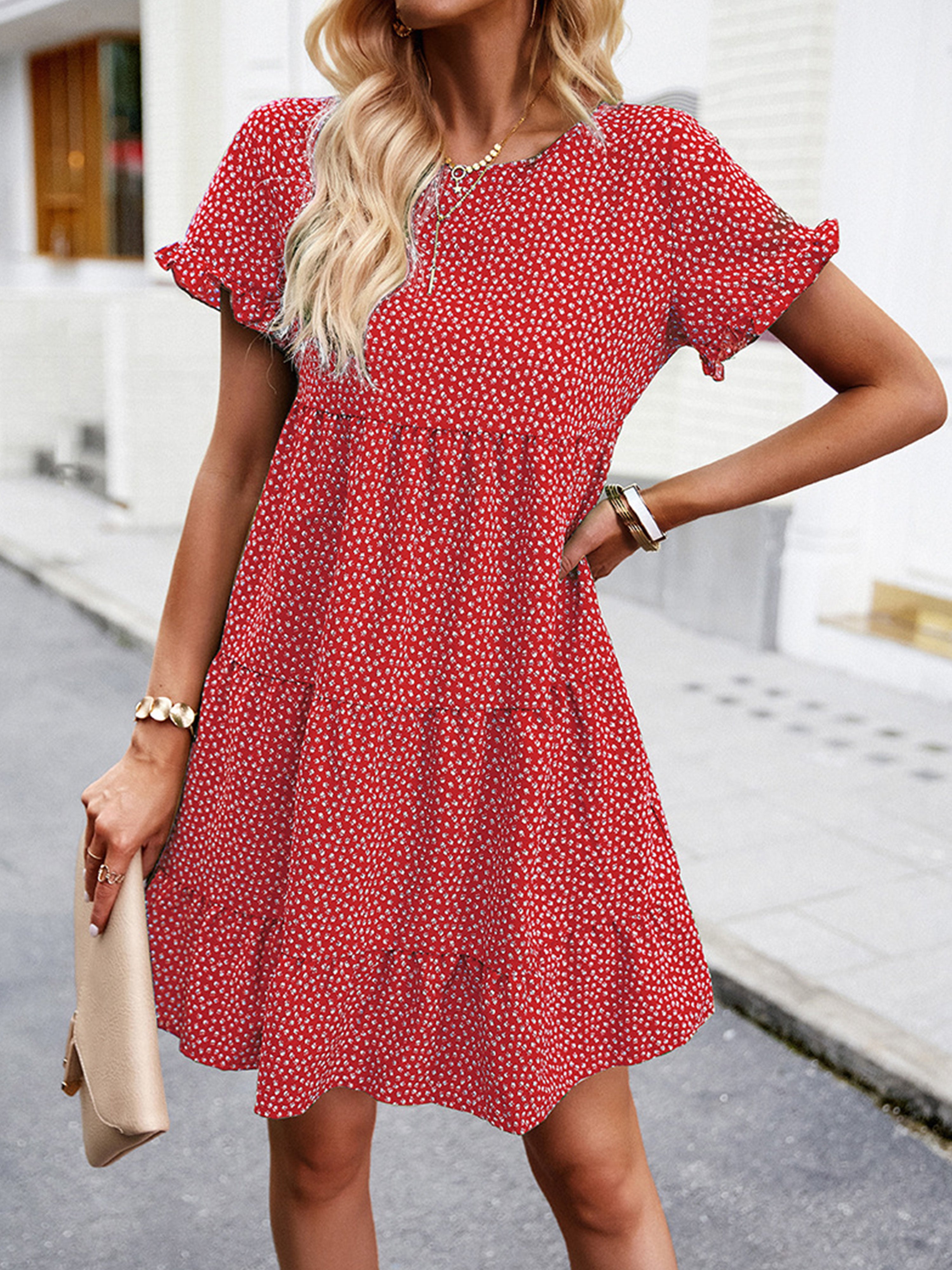 Robe Col Rond Manches Courtes à Volants Robe Invitée de Mariage en Rouge