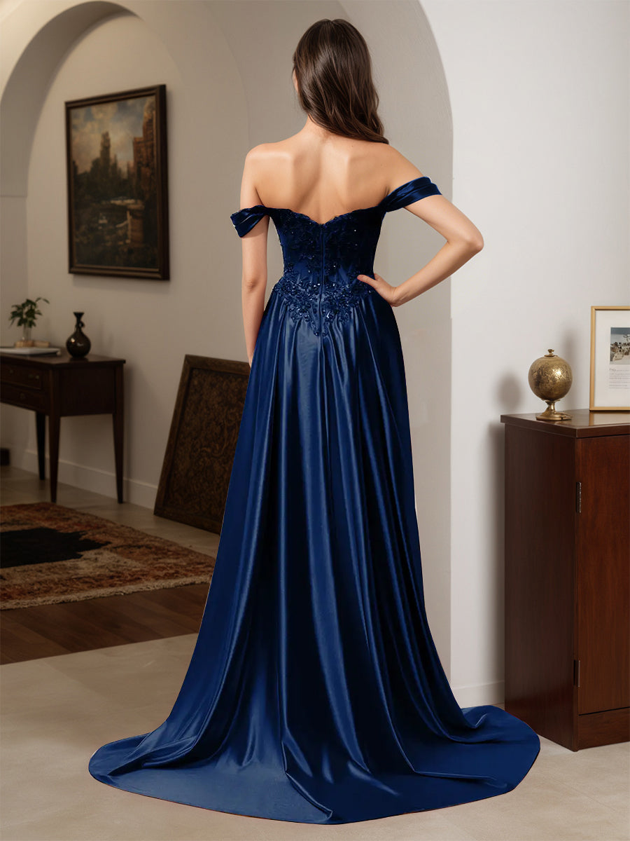 Cicinia Robe de Soirée BLEU MARINE Longue Fourreau Appliqués Dentelle Épaules Dénudées