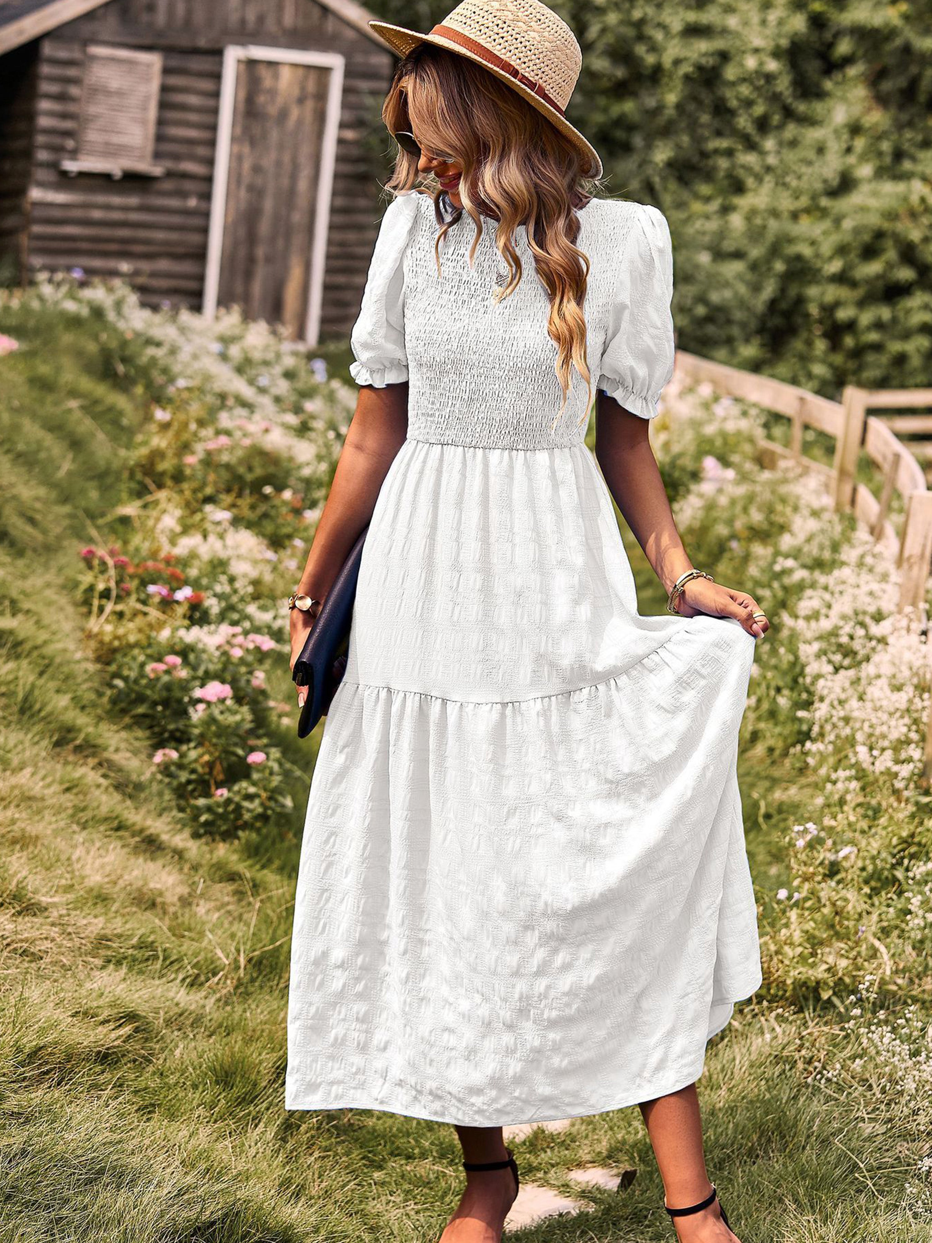 Robe Longue Trapèze Col Rond Manches Courtes à Volants Robe Invitée de Mariage en Blanc