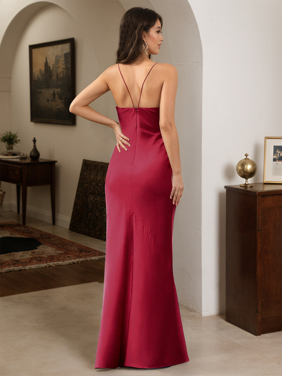 Cicinia BORDEAUX Robe de Soirée Longue en Satin Doux Fourreau à Bretelles Spaghetti Fente Longueur Sol Chic