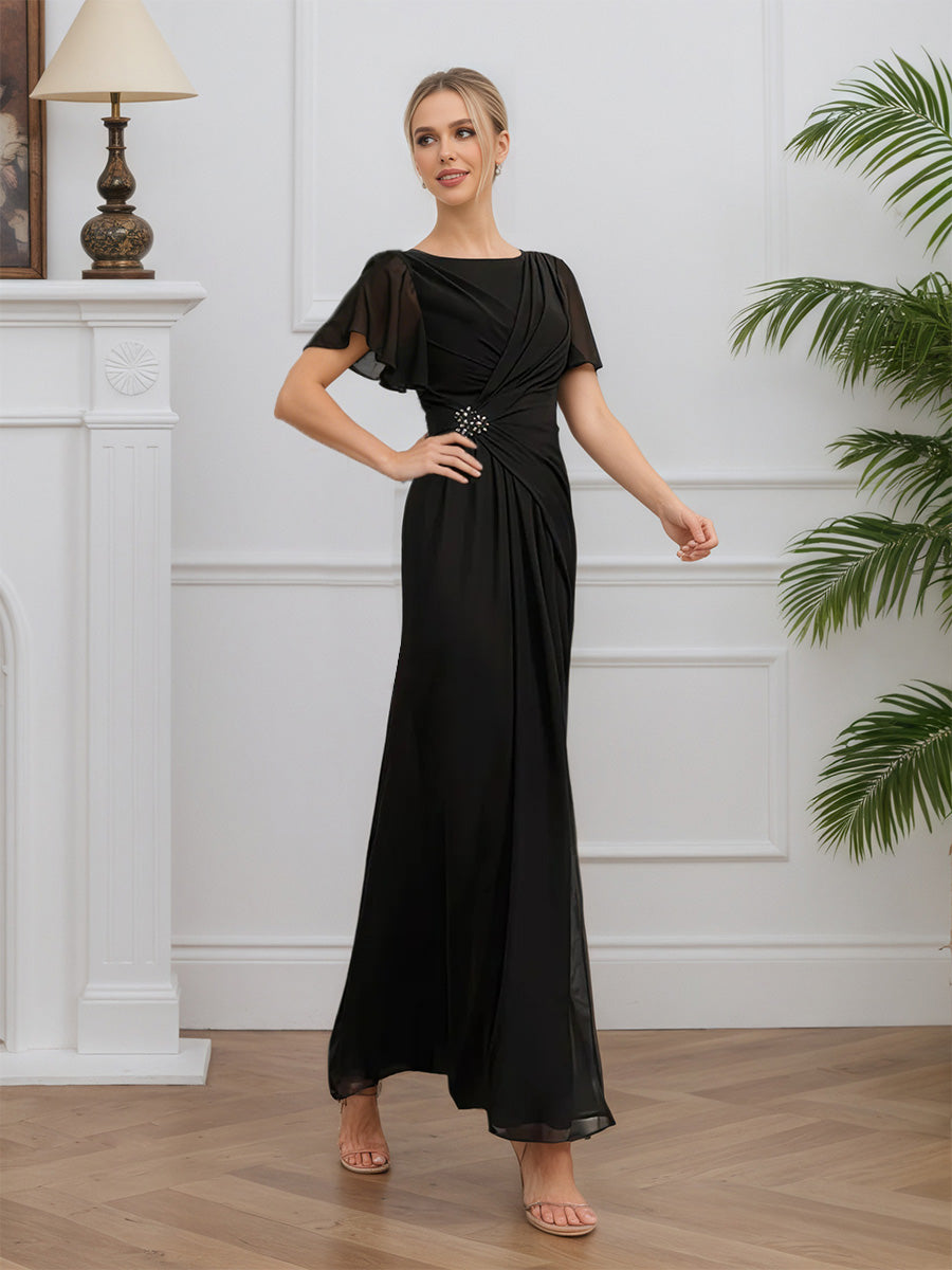 Cicinia Noir Robe pour Mère de la Mariée Longue en Mousseline Fourreau Manches Courtes Col Rond Longueur Sol