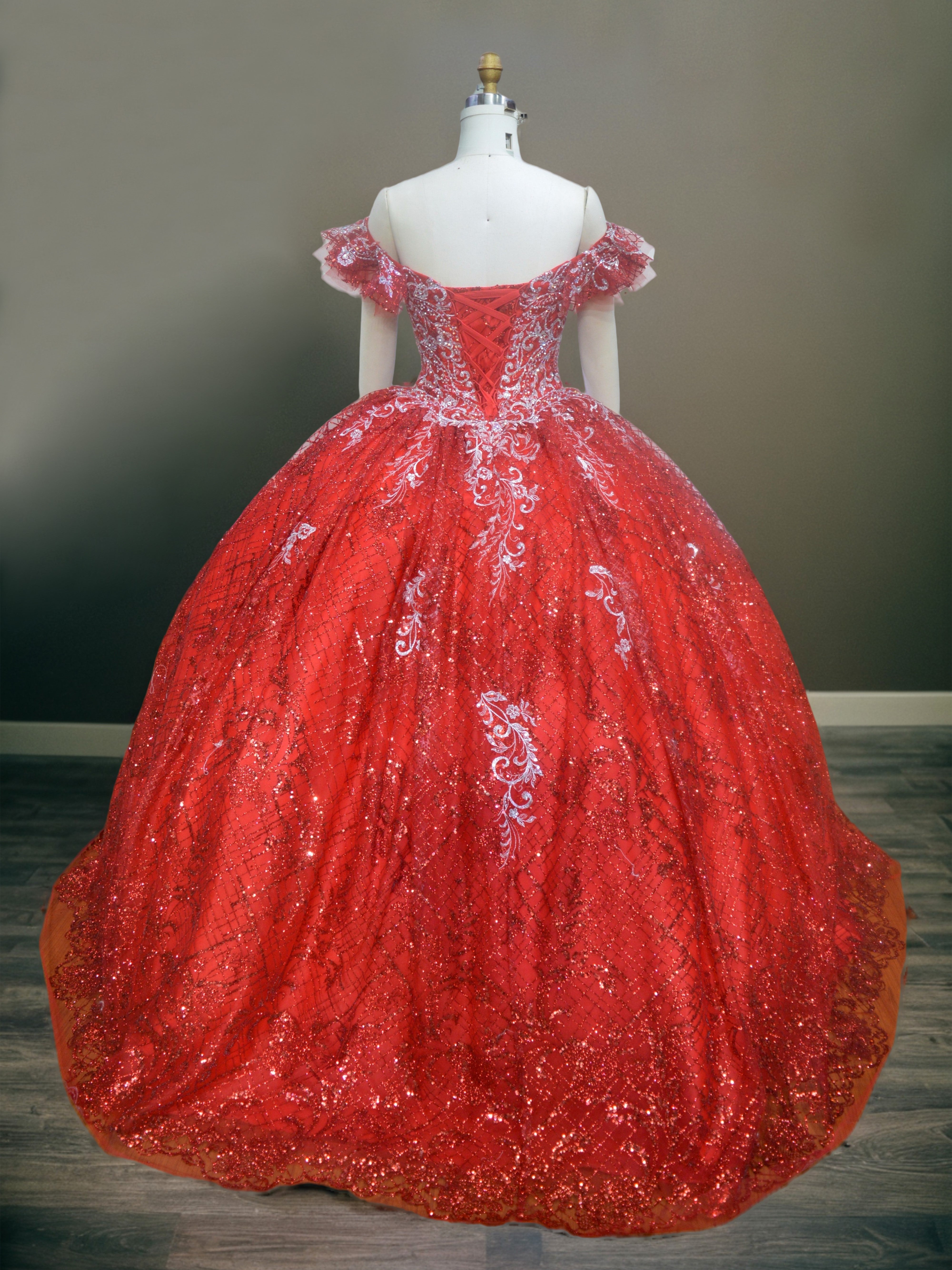 Épaule Dénudée Robe de Quinceanera à Paillettes en dentelle appliquée