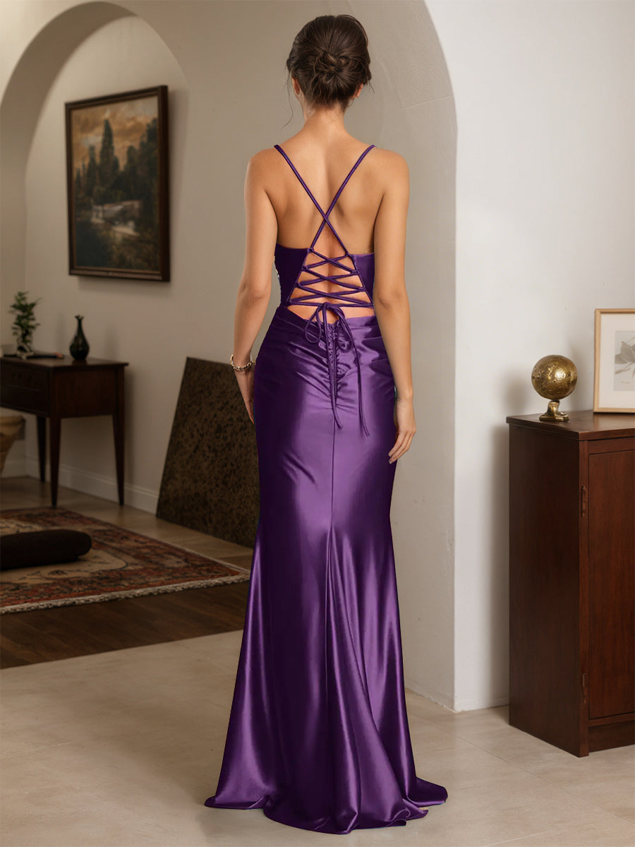 Cicinia Robe de Soirée Raisin Longue en Satin Extensible Fourreau à Bretelles Spaghetti Dos Nud Chic