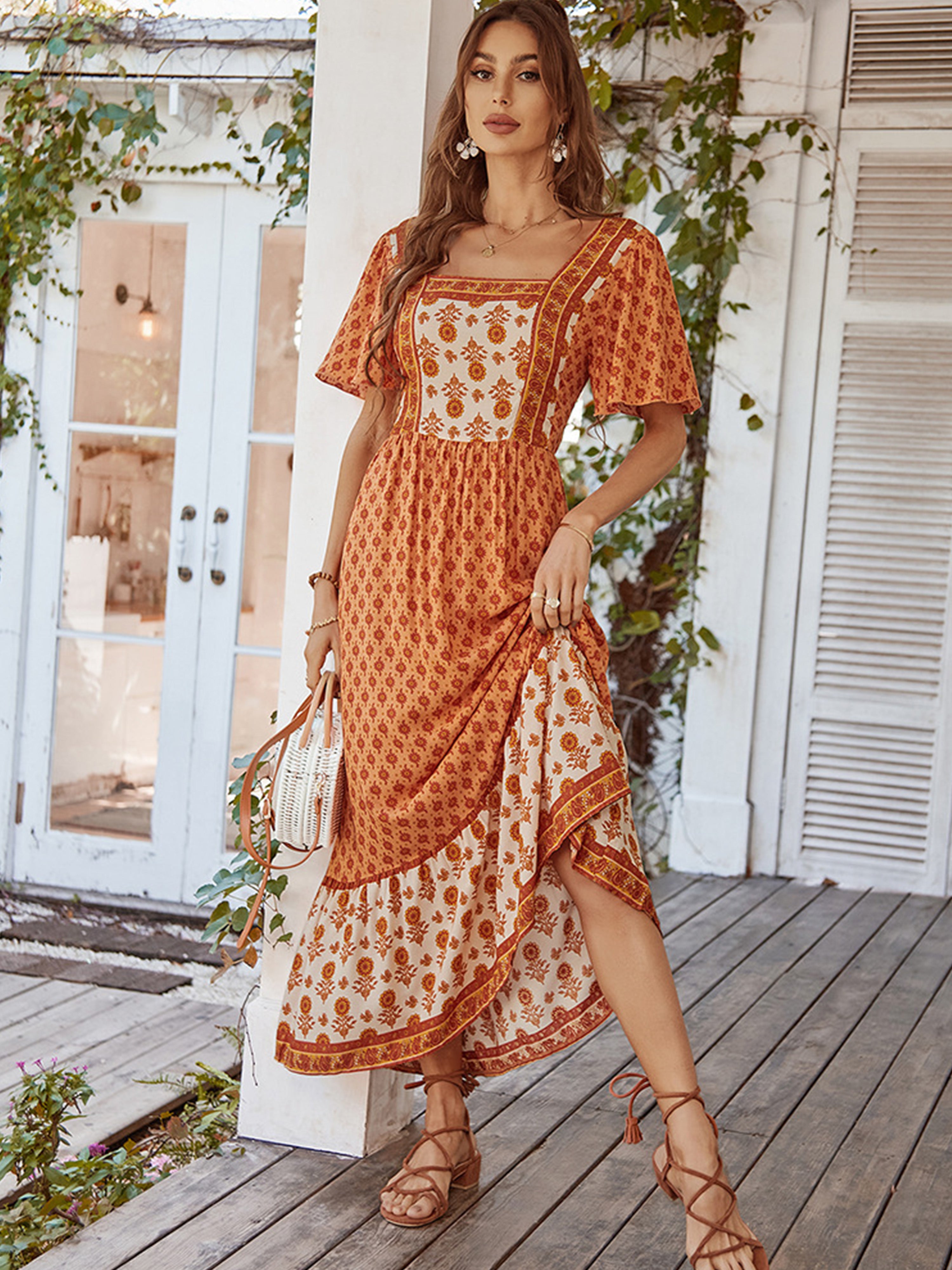 Robe Trapèze Col Carré Manches Courtes Robe Invitée de Mariage en Orange