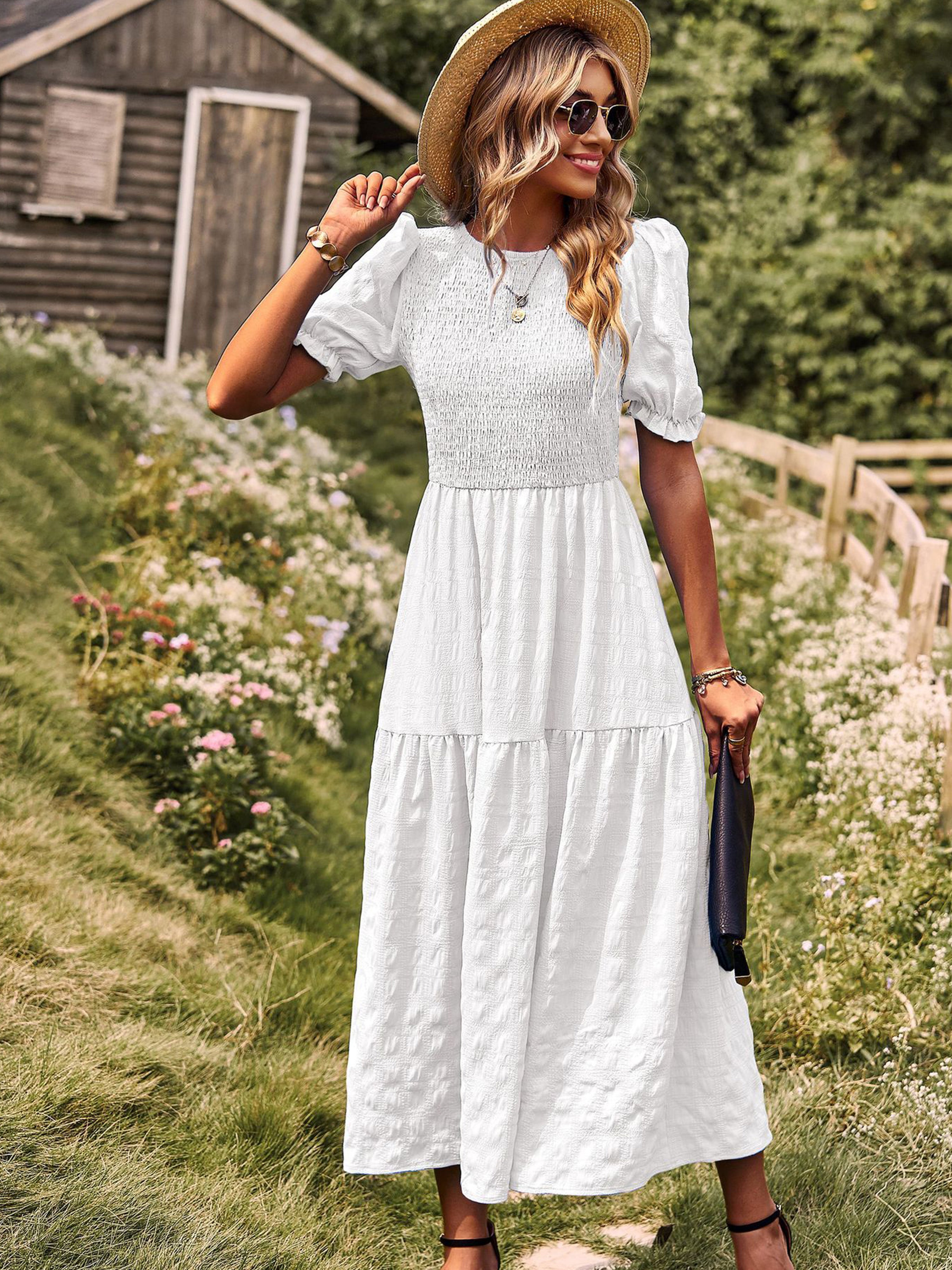 Robe Longue Trapèze Col Rond Manches Courtes à Volants Robe Invitée de Mariage en Blanc