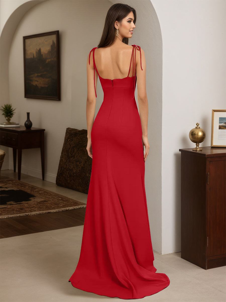 Cicinia Robe de Soirée ROUGE Longue Fourreau à Bretelles Spaghetti Dos Nud avec Traîne Balayée