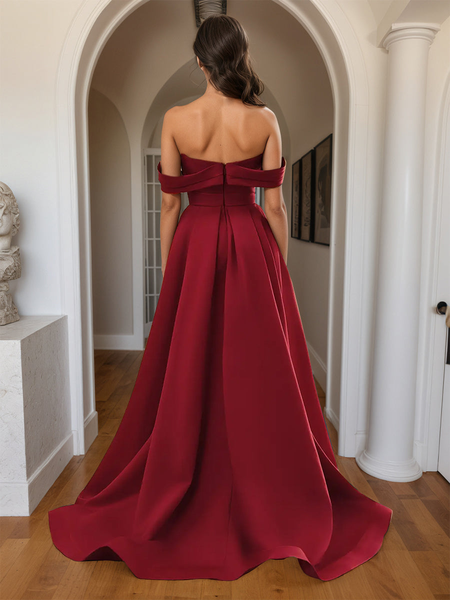 Cicinia BORDEAUX Robe de Soirée Longue Fourreau en Satin Doux Fente Épaules Dénudées