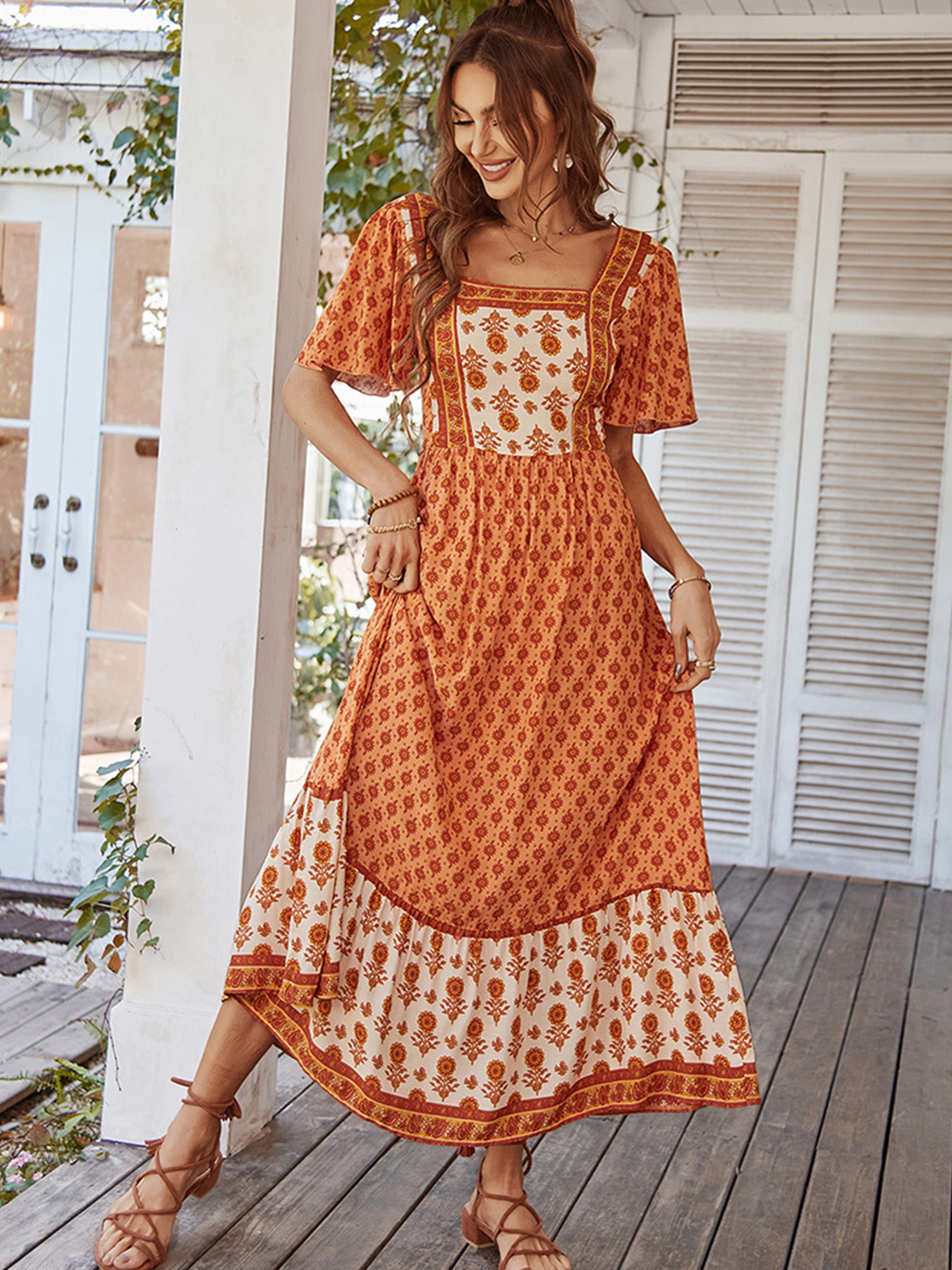 Robe Trapèze Col Carré Manches Courtes Robe Invitée de Mariage en Orange