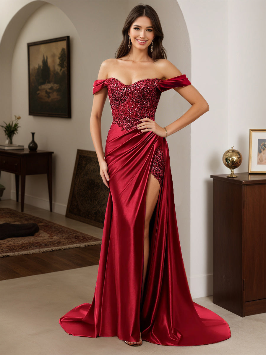 Cicinia Robe de Soirée BORDEAUX Longue Fourreau Appliqués Dentelle Épaules Dénudées