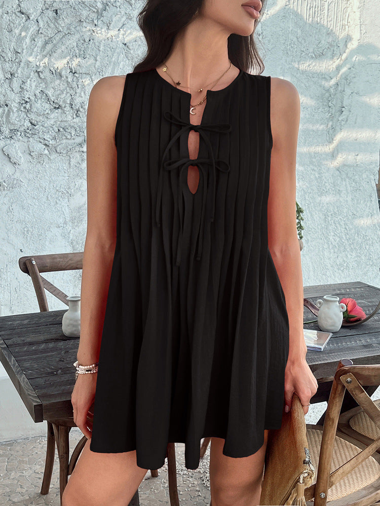 Robe de Mariée Invitée NOIR à Encolure Cran Coupe A Plissée Sans Manches