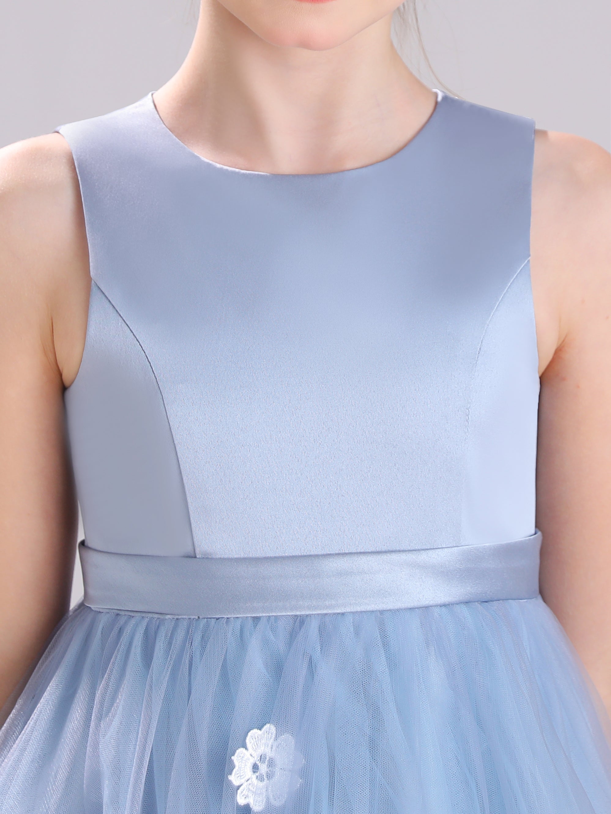 Col Rond Satin et Tulle Mi-longue Robe Fille Avec Appliques Florales
