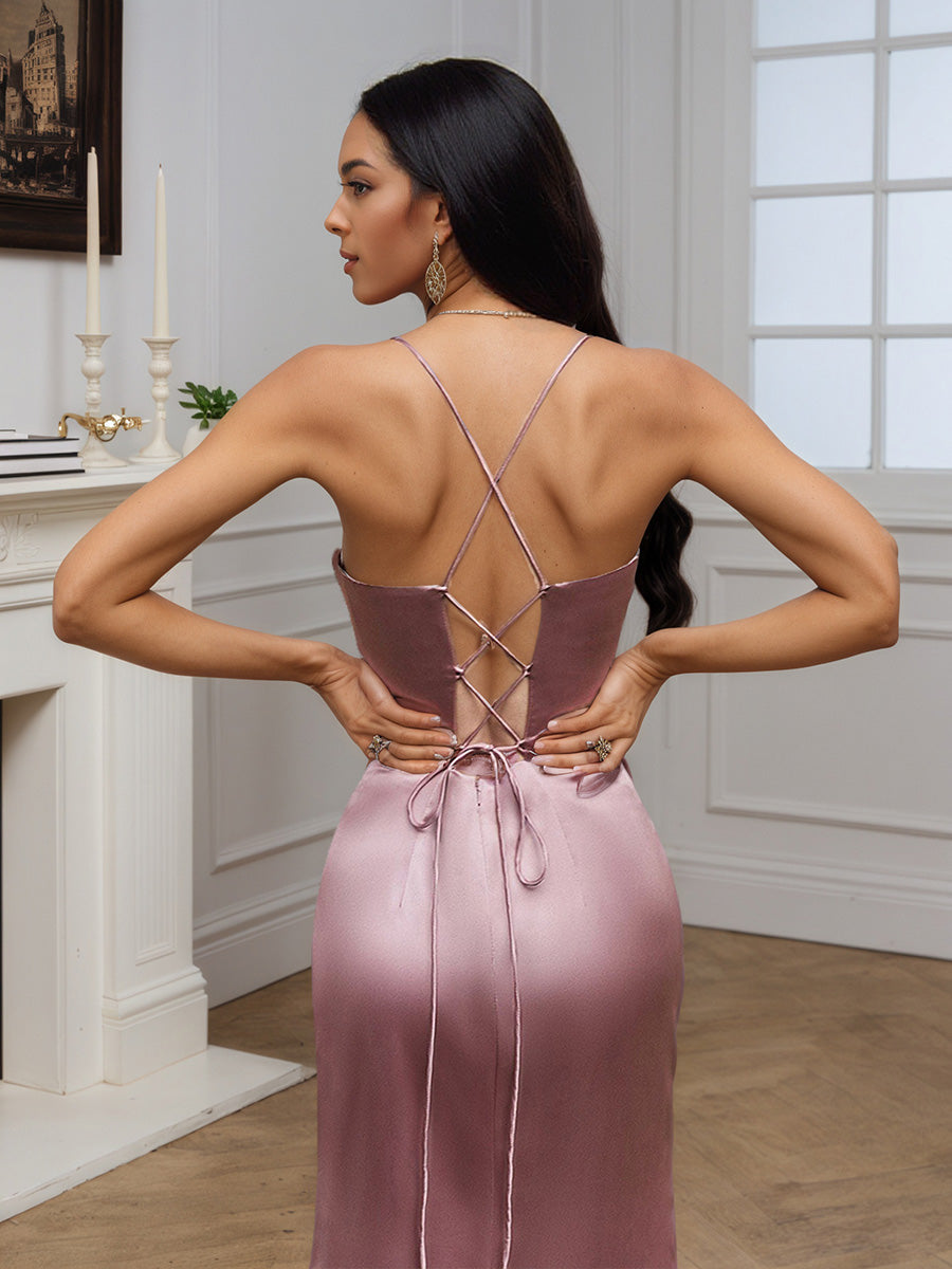 Cicinia Robe de Soirée ROSE_POUDRE Longue Fourreau à Bretelles Spaghetti Fente Traîne Balayée Chic