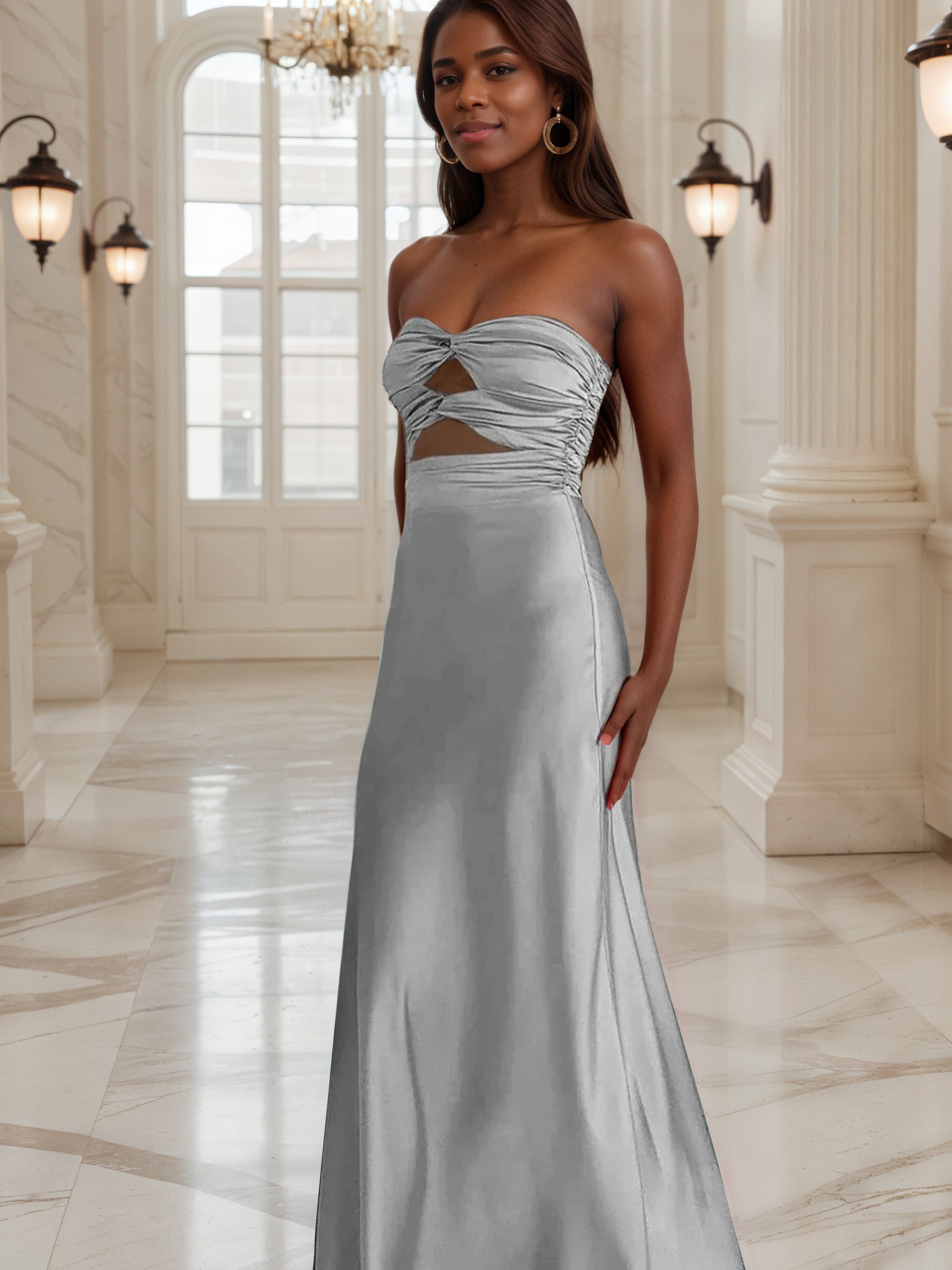 Robe de Soirée ARGENT Robe Bustier Fourreau avec Ouverture en Forme de Trou