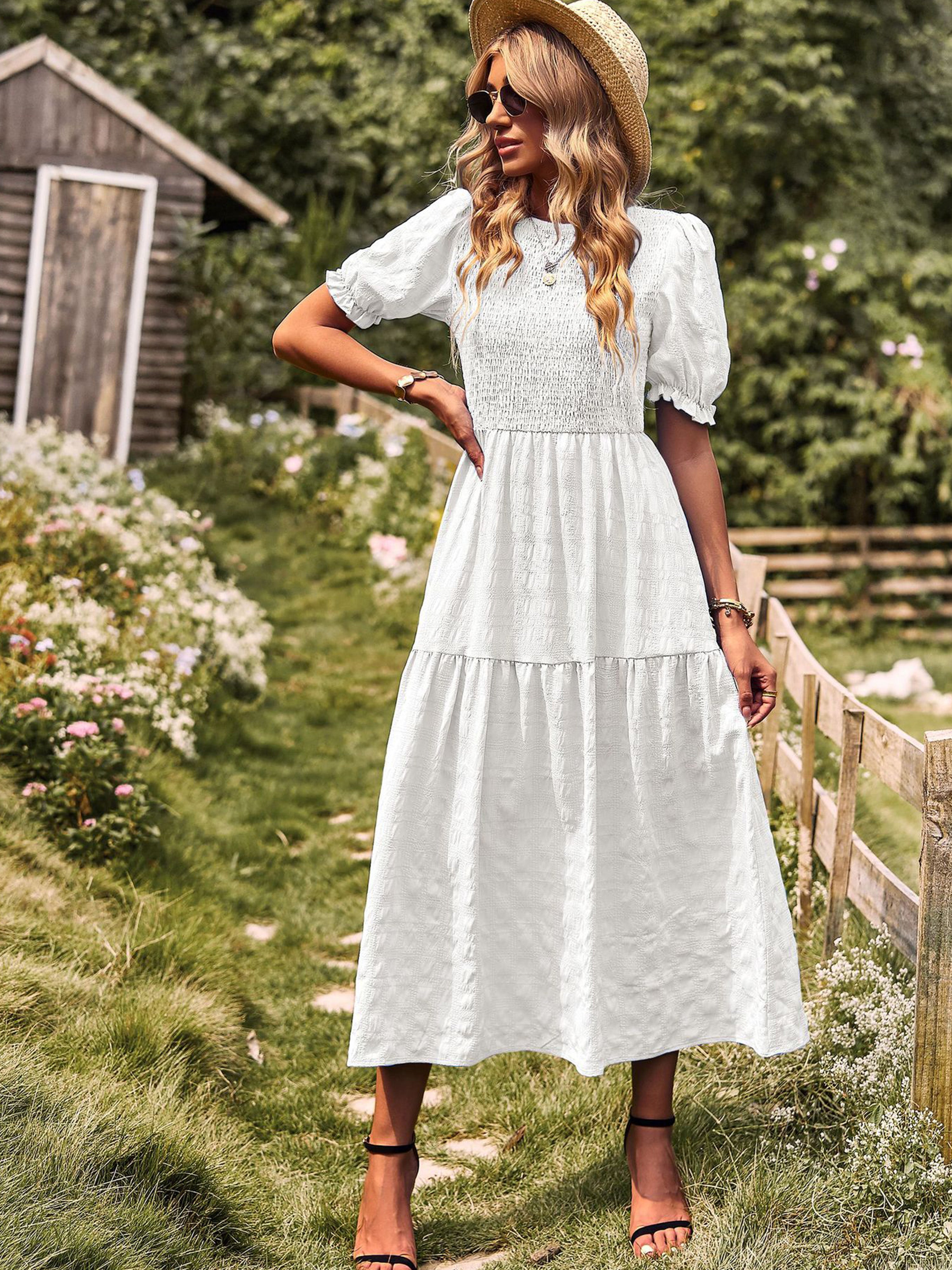 Robe Longue Trapèze Col Rond Manches Courtes à Volants Robe Invitée de Mariage en Blanc
