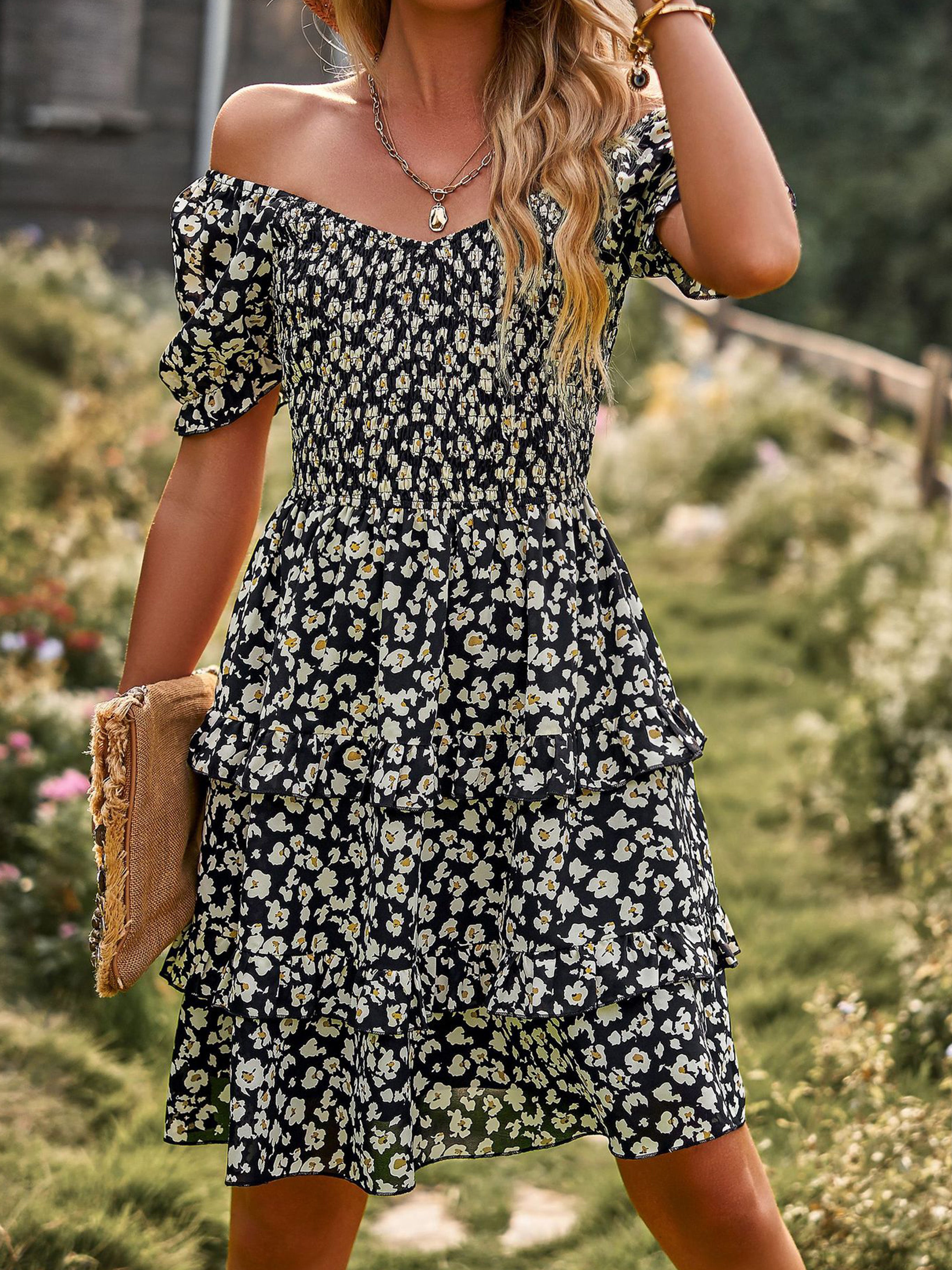 Robe Col Rond Manches Courtes Trapèze Robe Invitée de Mariage en Noir