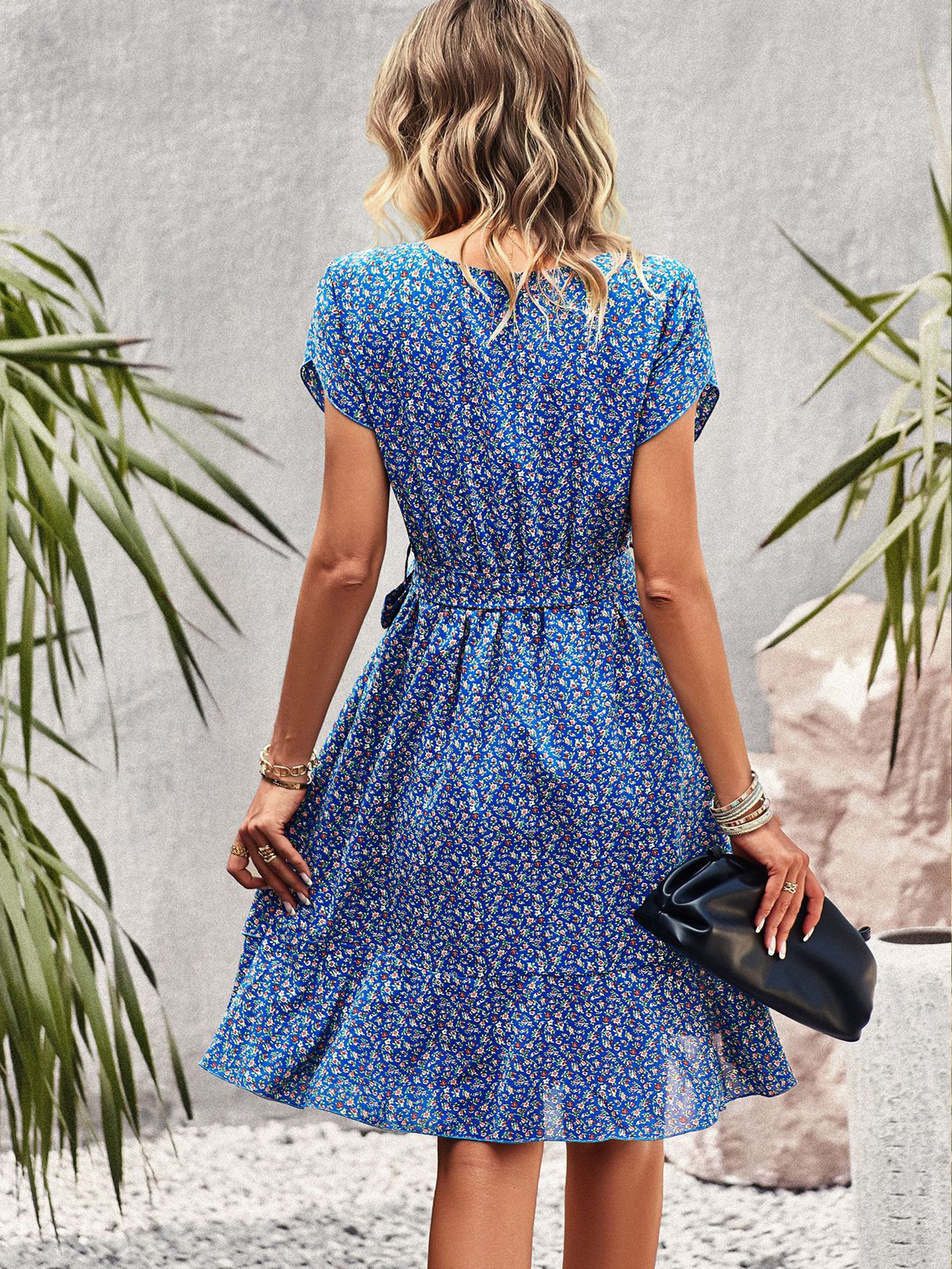 Robe Trapèze Col Rond Manches Courtes Noeud Papillon Robe Invitée de Mariage en Bleu