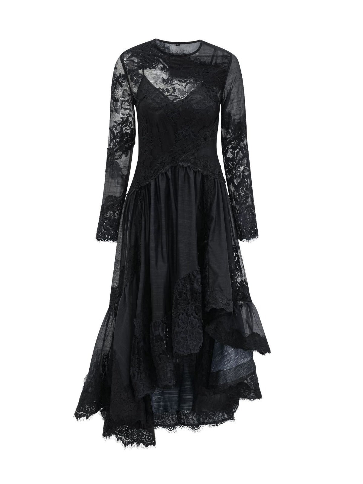 Robe Asymétrique Dentelle Col Rond Manches Longues Robe de Soirée en Noir