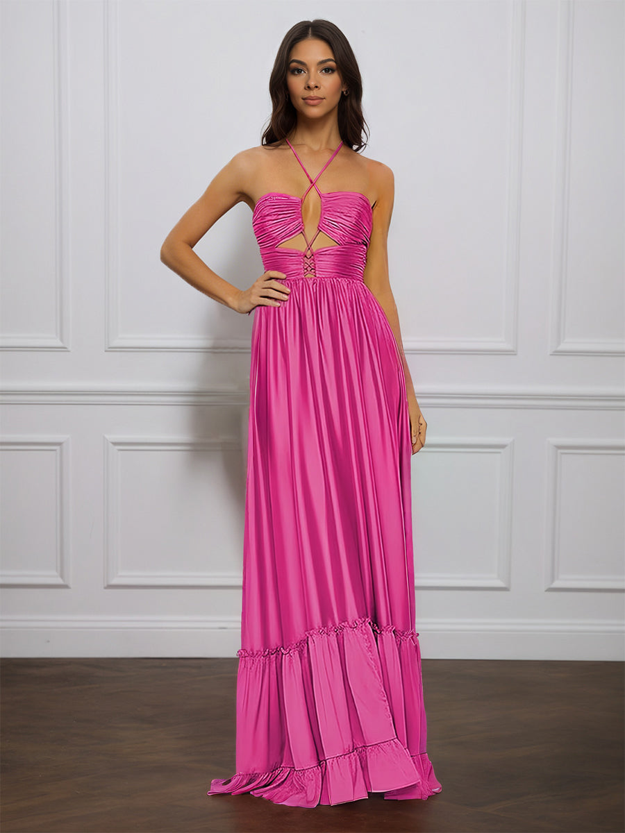 Cicinia FUCHSIA Robe de Soirée Longue en Satin Doux A-Line Bretelles Spaghetti Traîne Balayée