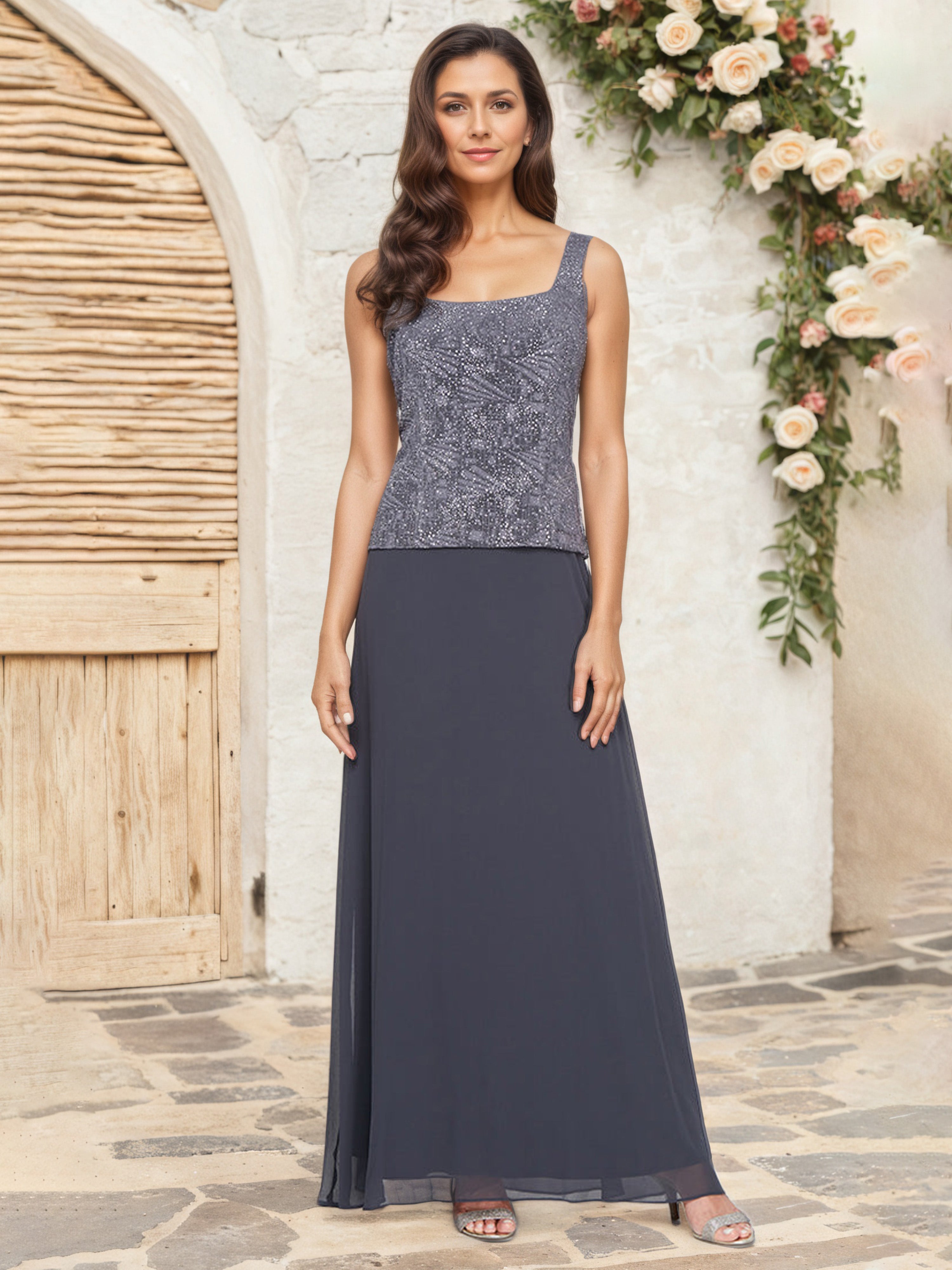 Robe Cérémonie Mariage Mère Du Marié Bleu Poussière Trapèze Col Carré Manches 3/4