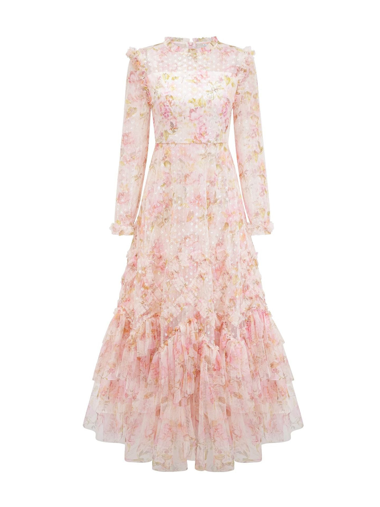 Robe Longue Paillettes Trapèze Col Rond Manches Longues Robe de Soirée en Rose Pâle Florale