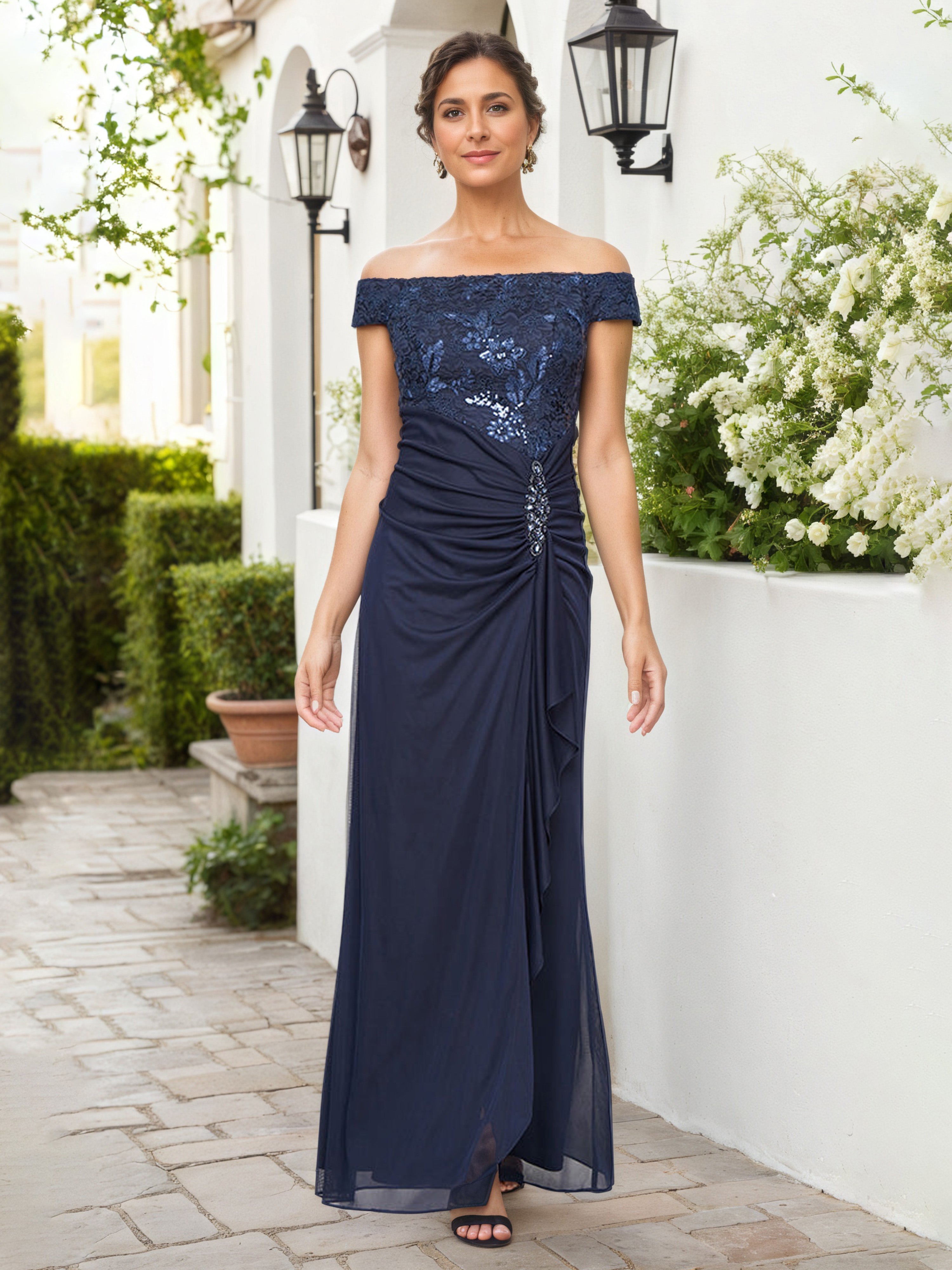 Robe Mere dela Mariee BLEU_MARINE Epaules Dénudées Robe Longue en Dentelle Fourreau/Colonne