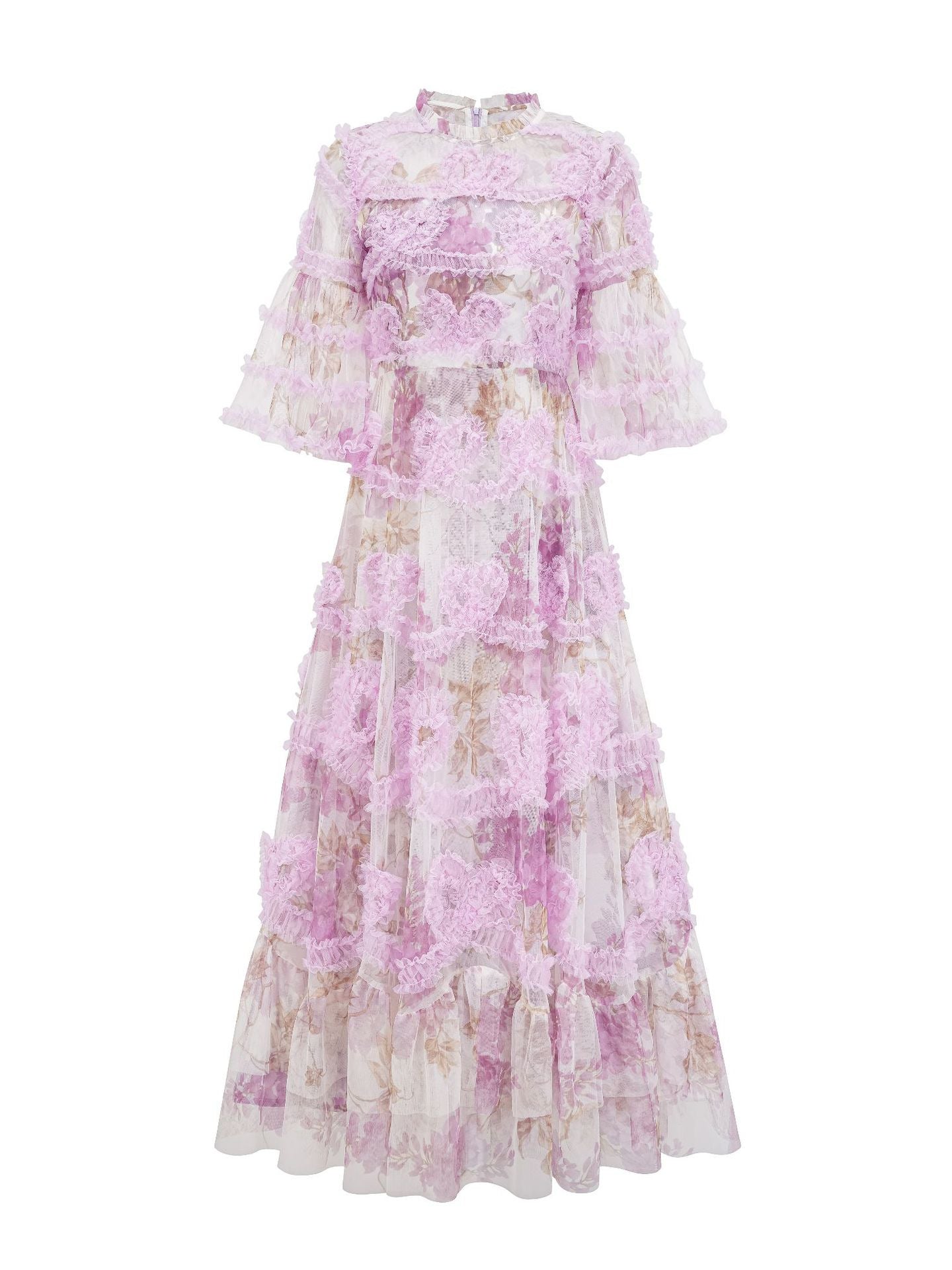 Robe Longue Trapèze Col Rond Manches Courtes Robe de Soirée en Lilas