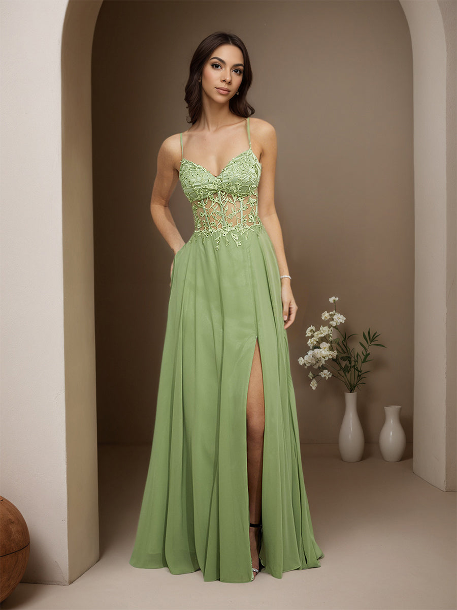 Cicinia SAUGE POUDREE Robe de Soirée Longue en Mousseline Appliqués Dentelle A-Line Traîne Balayée