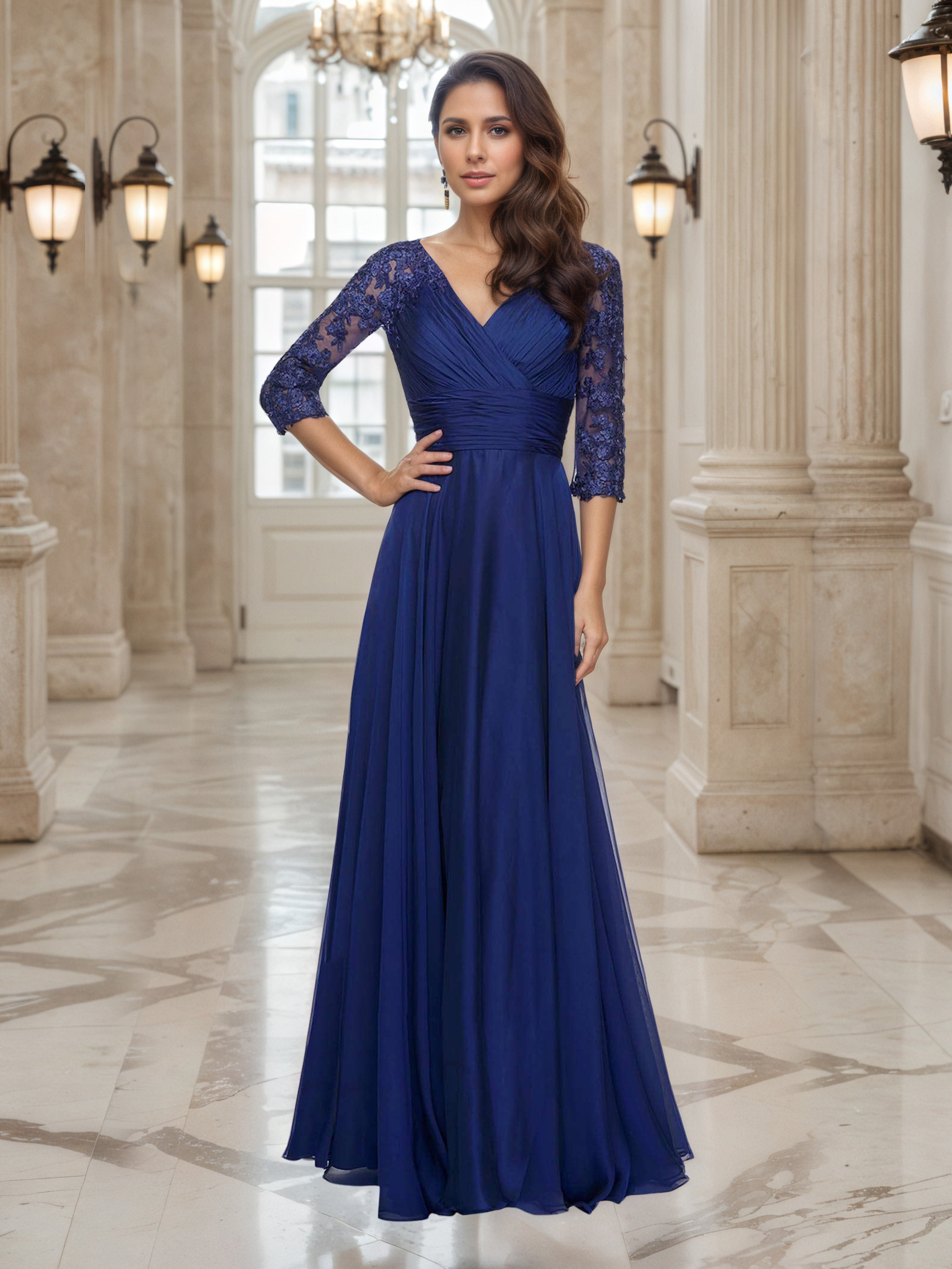 Elégante Robe de Soirée BLEU_MARINE Col V Trapèze à Manches 3/4