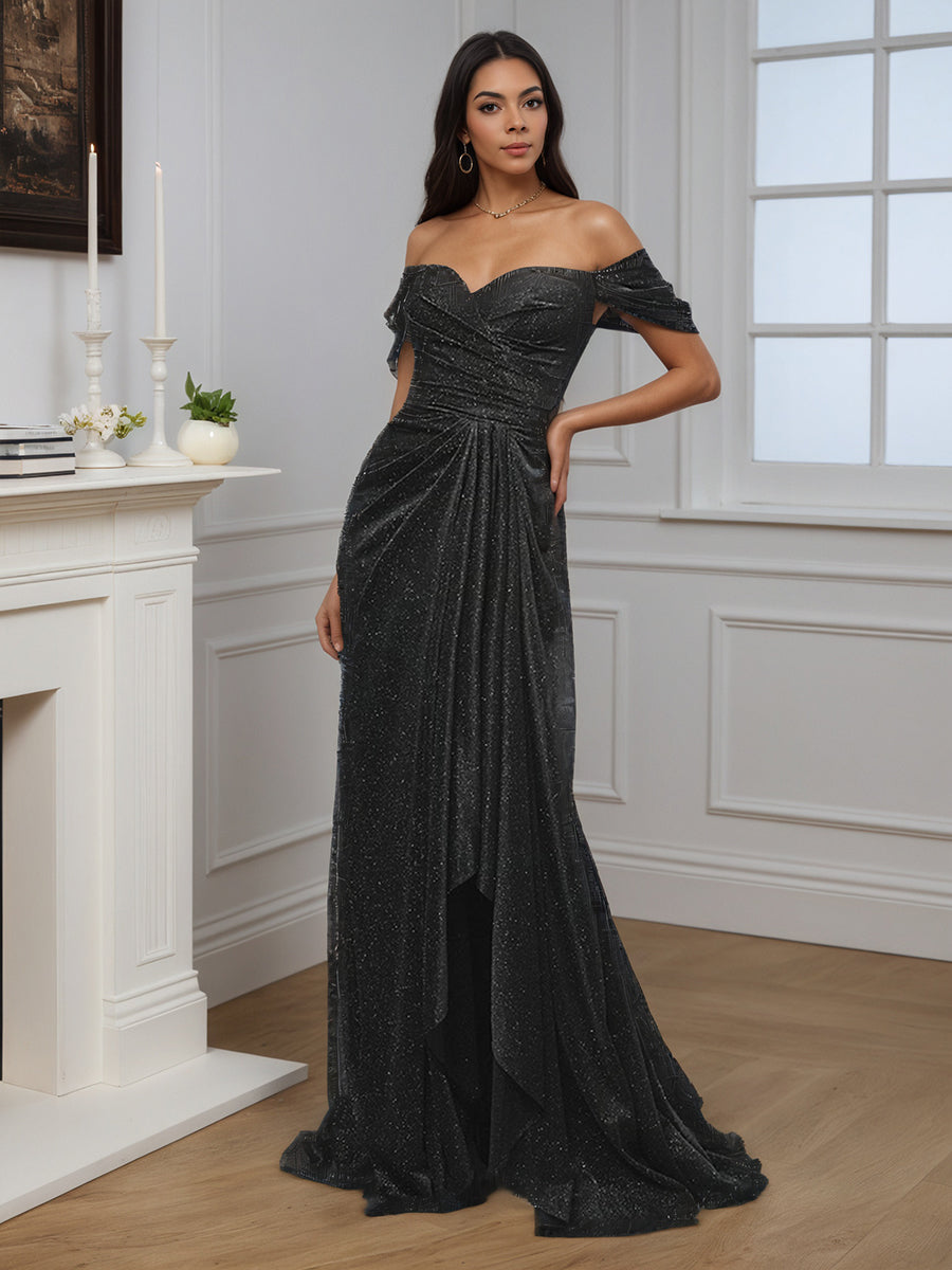 Cicinia Noir Robe de Soirée Longue Épaules Dénudées Fente Traîne Balayée Charmante