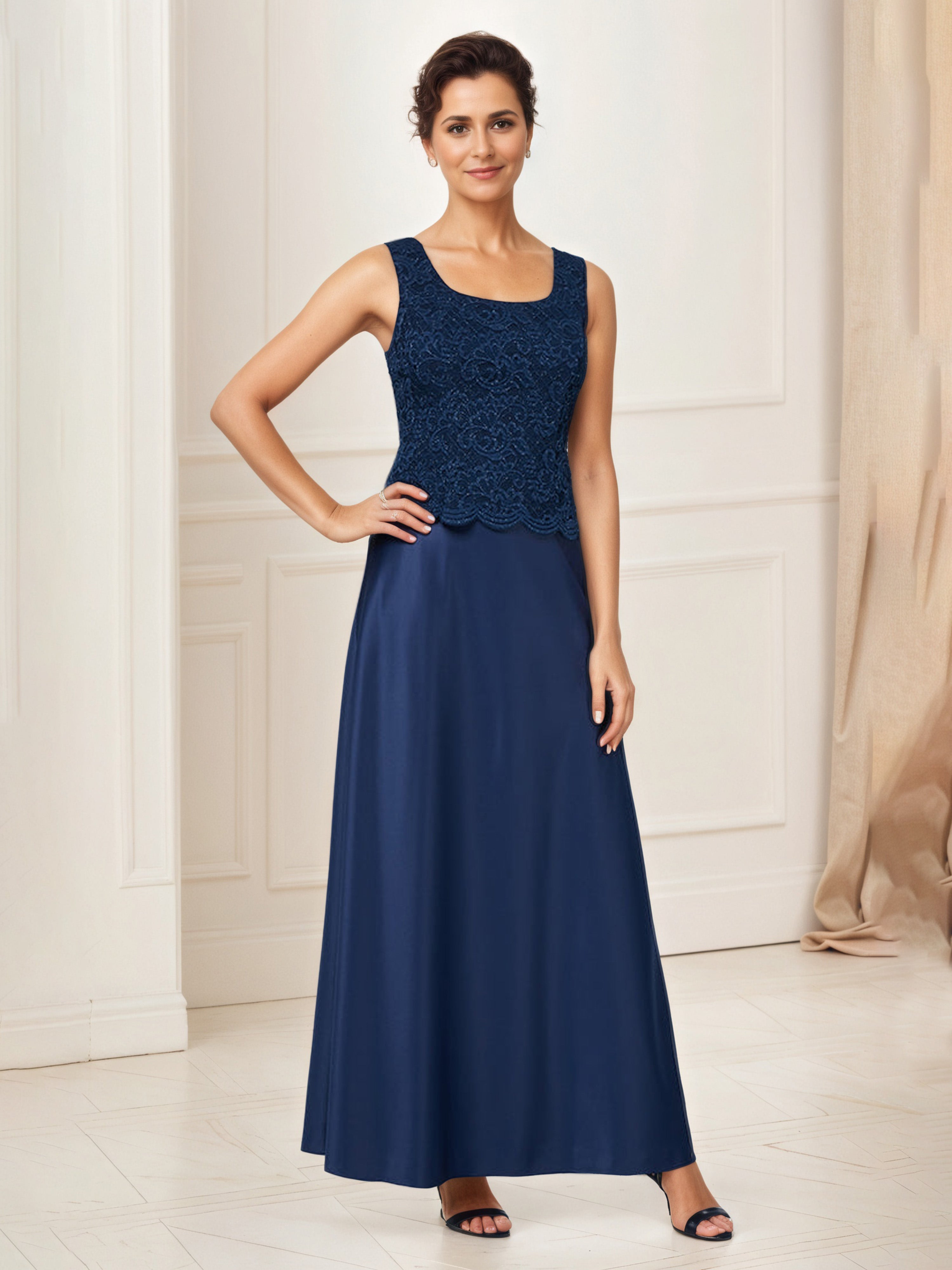 Tenue Mère De la Mariée Très Chic BLEU_MARINE Col Rond Robe Ensemble Manches 3/4 Avec Veste en Dentelle