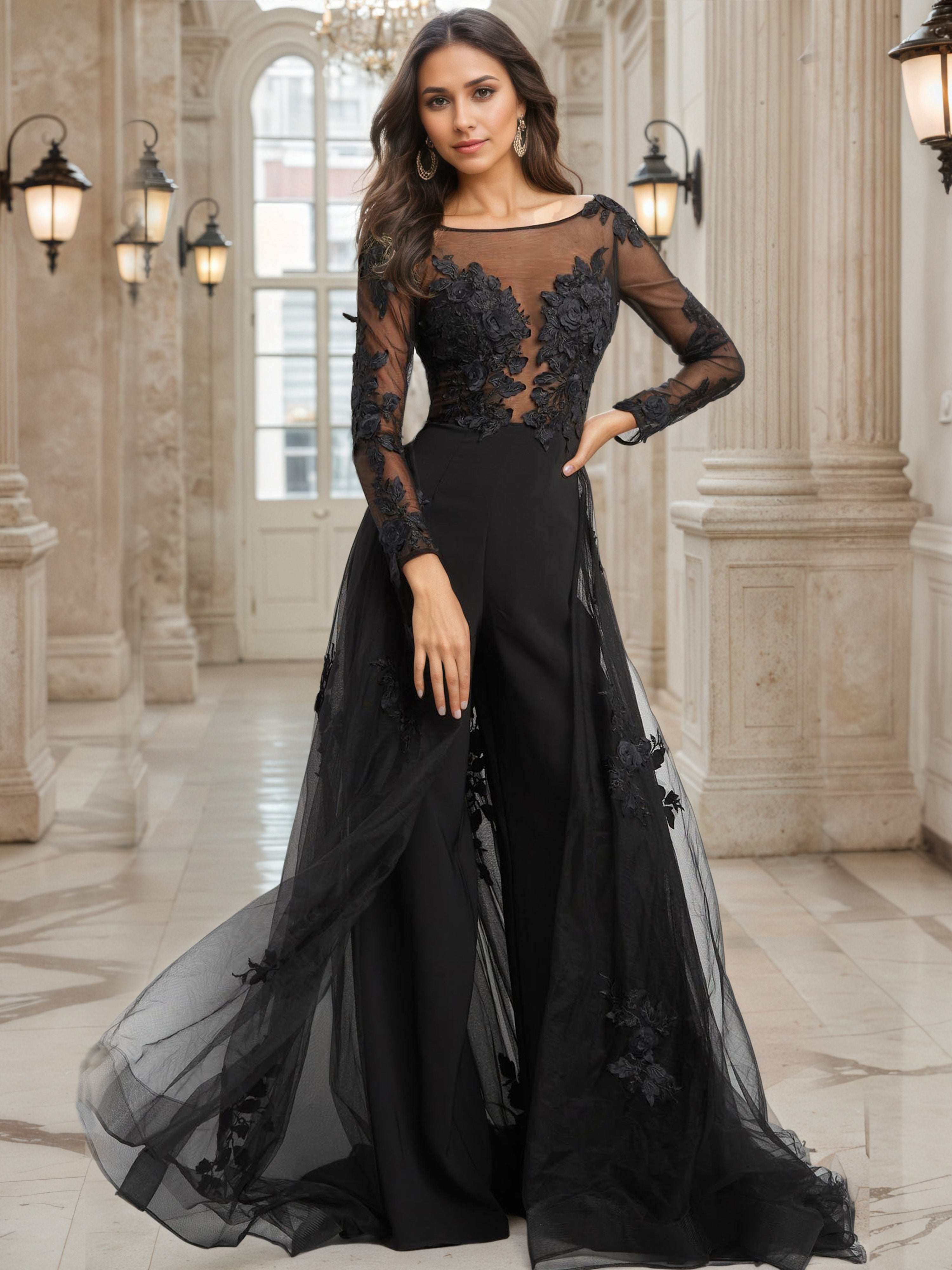 Robe de Soirée Noir Col Bateau à Manches Longues Robe Pantalon Avec Traîne de balayage / pinceau