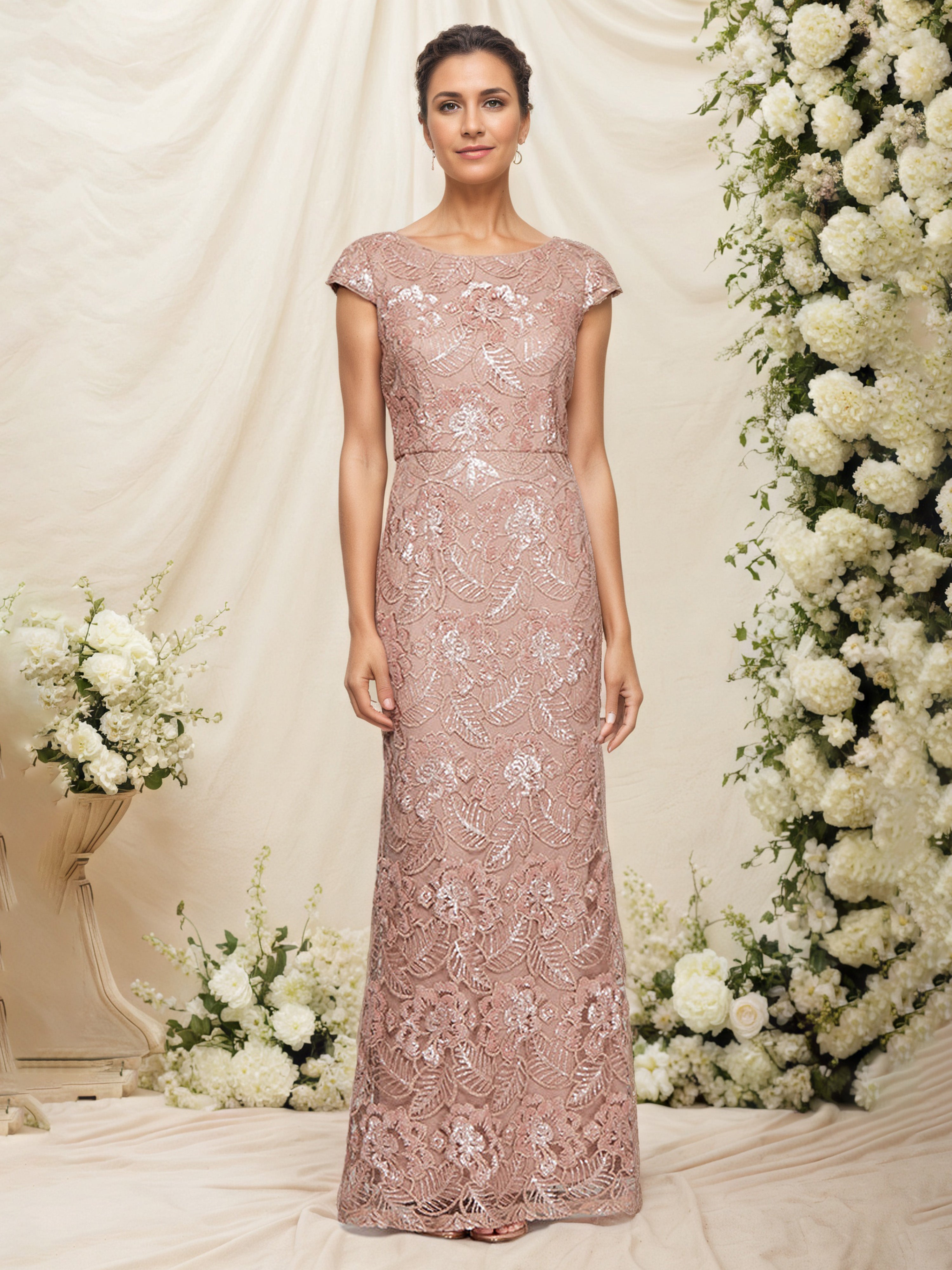 Robe Mère de la Mariée OR_ROSE Fourreau/Colonne Col ras du cou Manchette Robe Longue Brodée