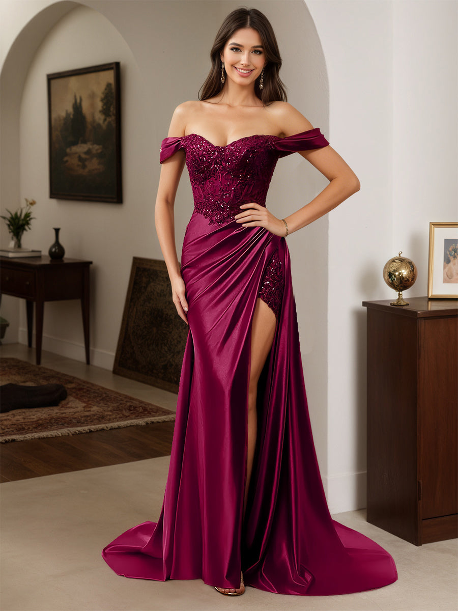 Cicinia Robe de Soirée Mûre Longue Fourreau Appliqués Dentelle Épaules Dénudées