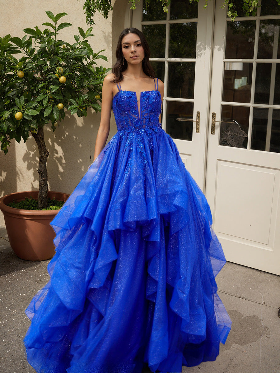 Cicinia BLEU ROYALE Robe de Soirée Princesse Longue à Bretelles Spaghetti à Volants Unique