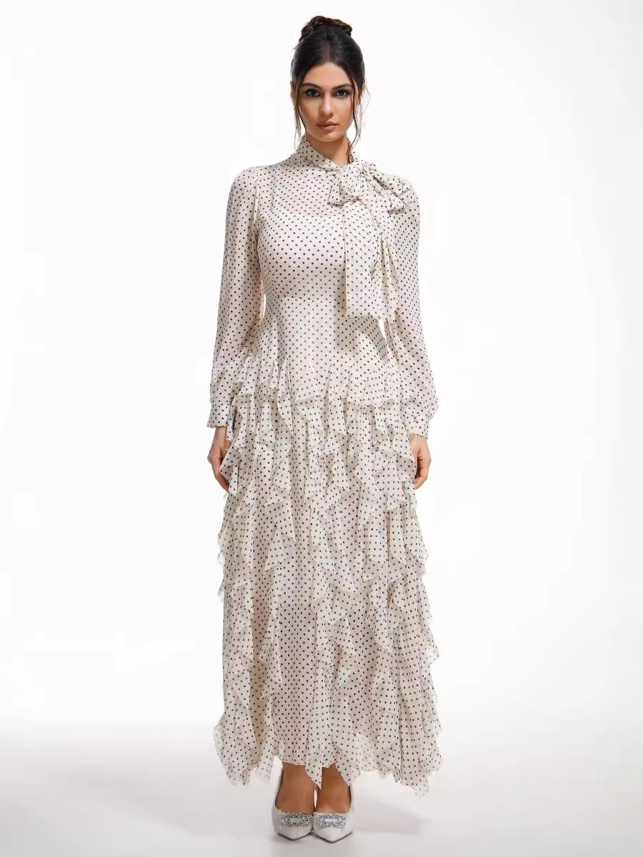 Robe Noeud Papillon Trapèze Col Roulé Mi-Haut Manches Longues Robe de Soirée en Abricot