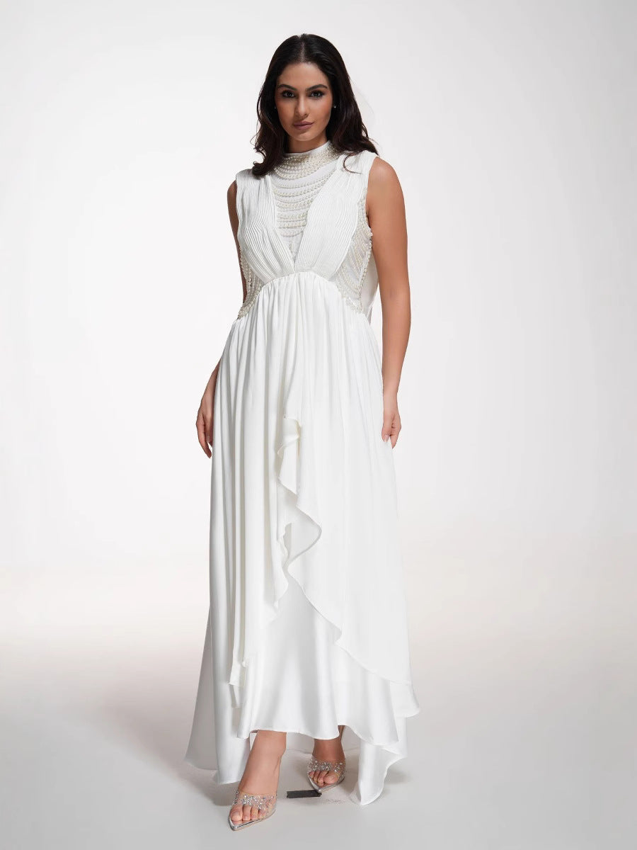 Robe Longue Asymétrique Col Rond Sans Manches Robe de Soirée en Blanc