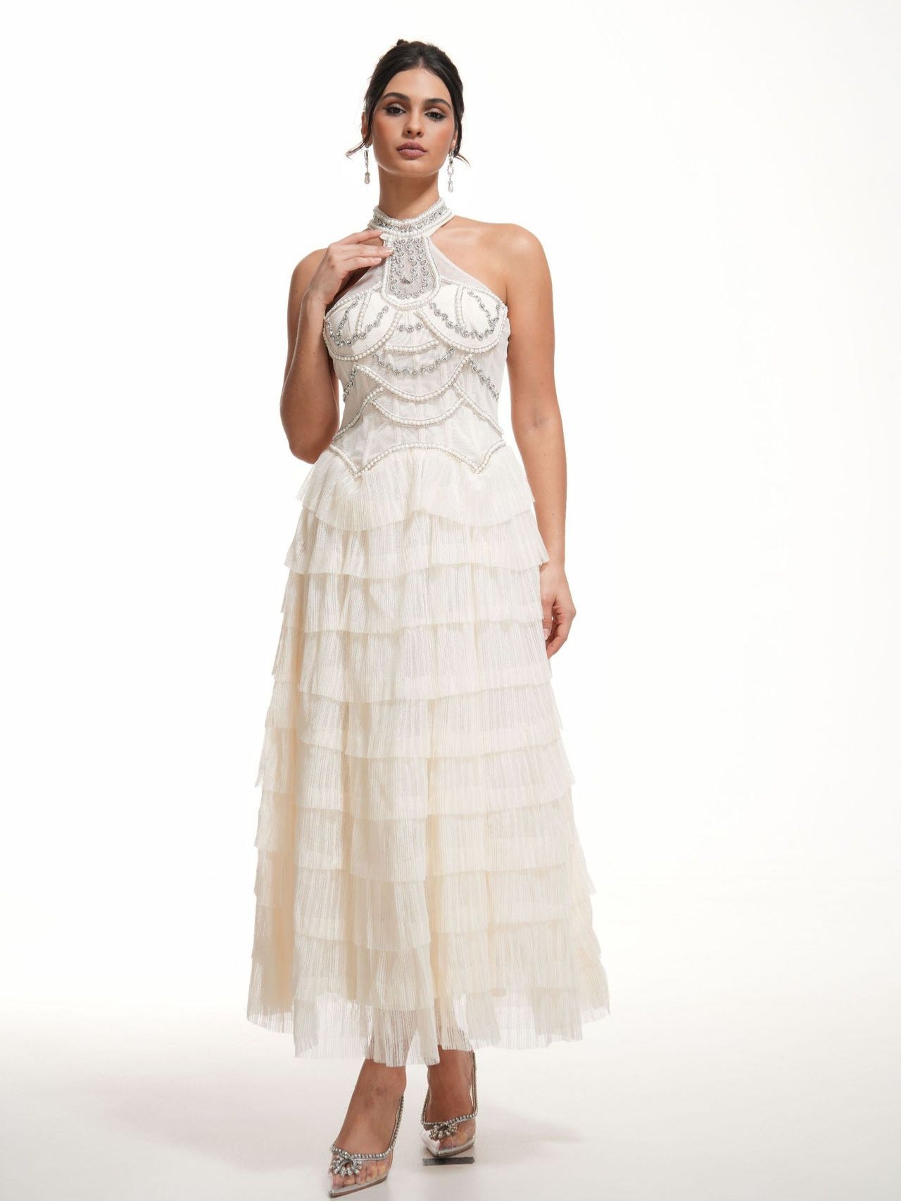 Robe Licou Trapèze Sans Manches Robe de Soirée en Abricot