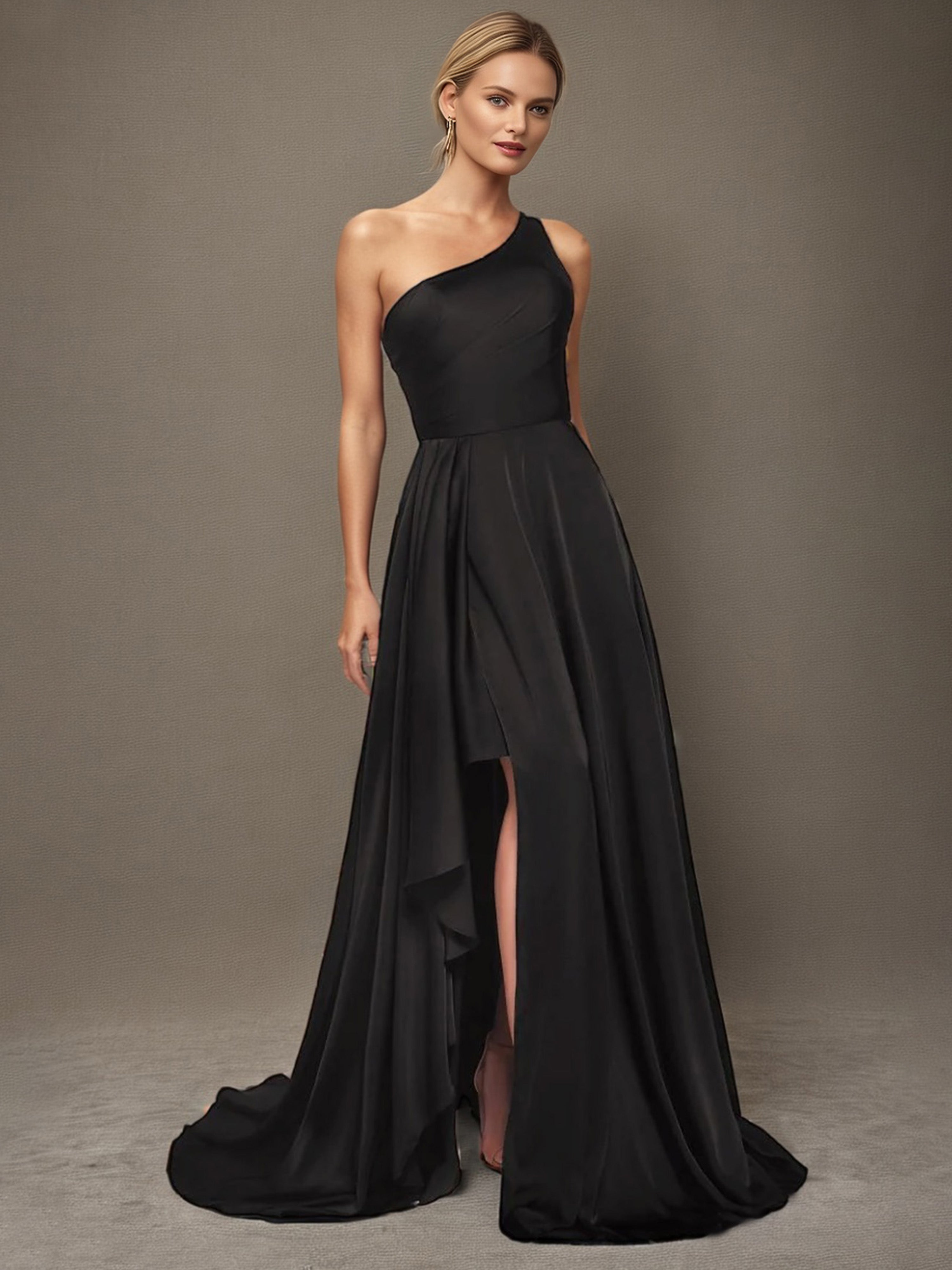 Robe de Soirée Noir Trapèze Seule épaule Satin Doux Robe de Soirée à traîne