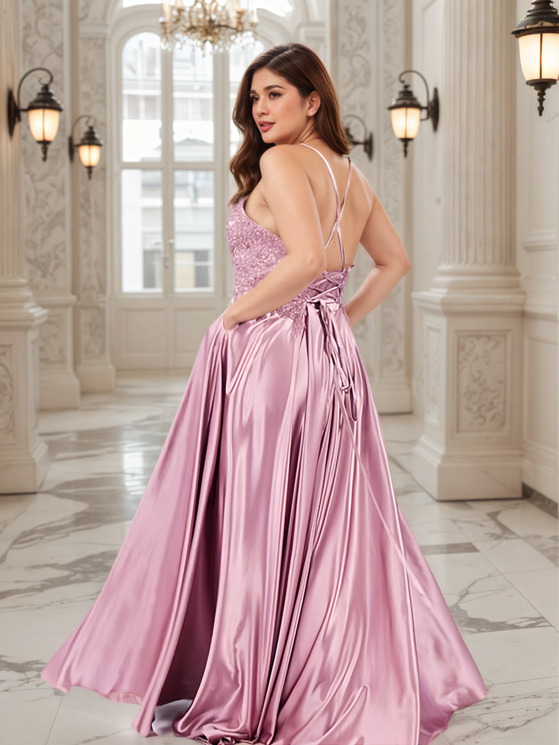Robe de Bal Dentelle ROSE_POUDRE à Encolure V Grande Taille Longue Sans Manches avec Appliqués et Bretelles Spaghetti