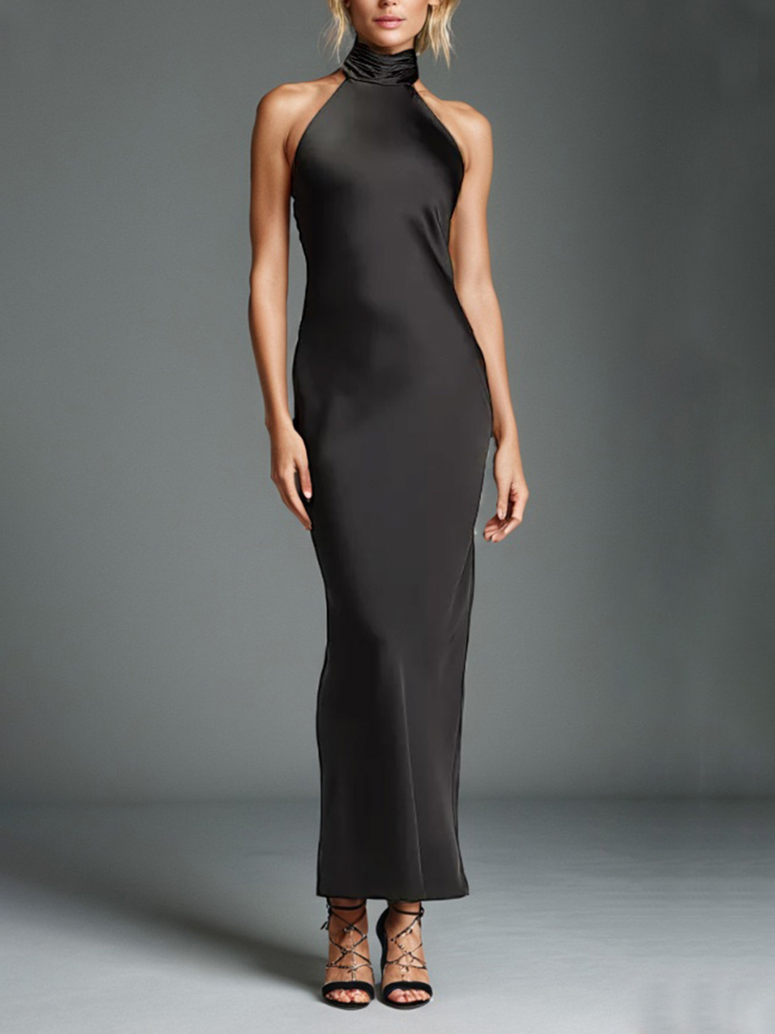 Robe de Soirée Noir Licou Fourreau/Colonne Sans Manches Satin Doux Robe de Soirée