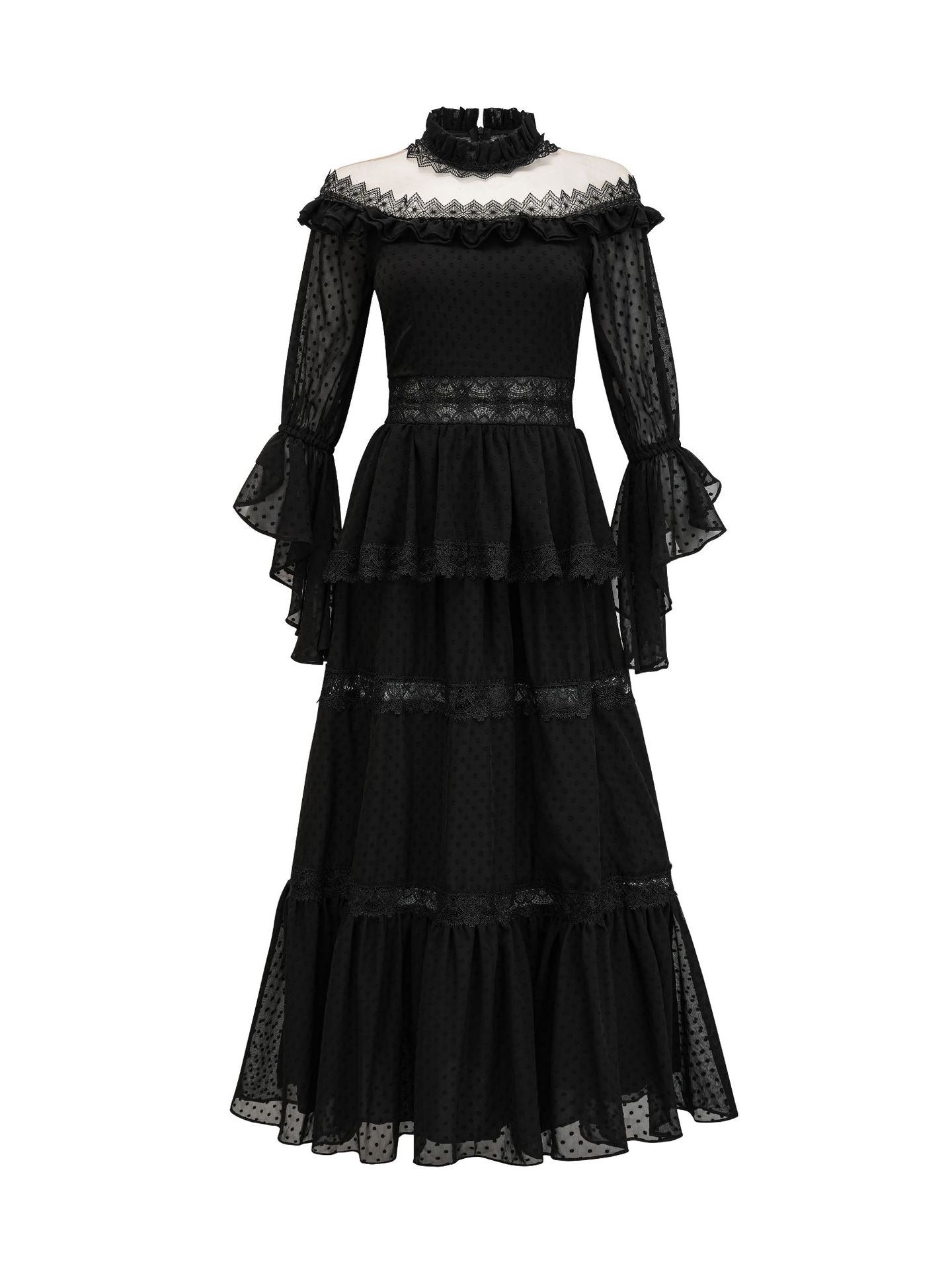 Robe Longue Broderie Empire Col Montant Manches Longues Robe de Soirée en Noir