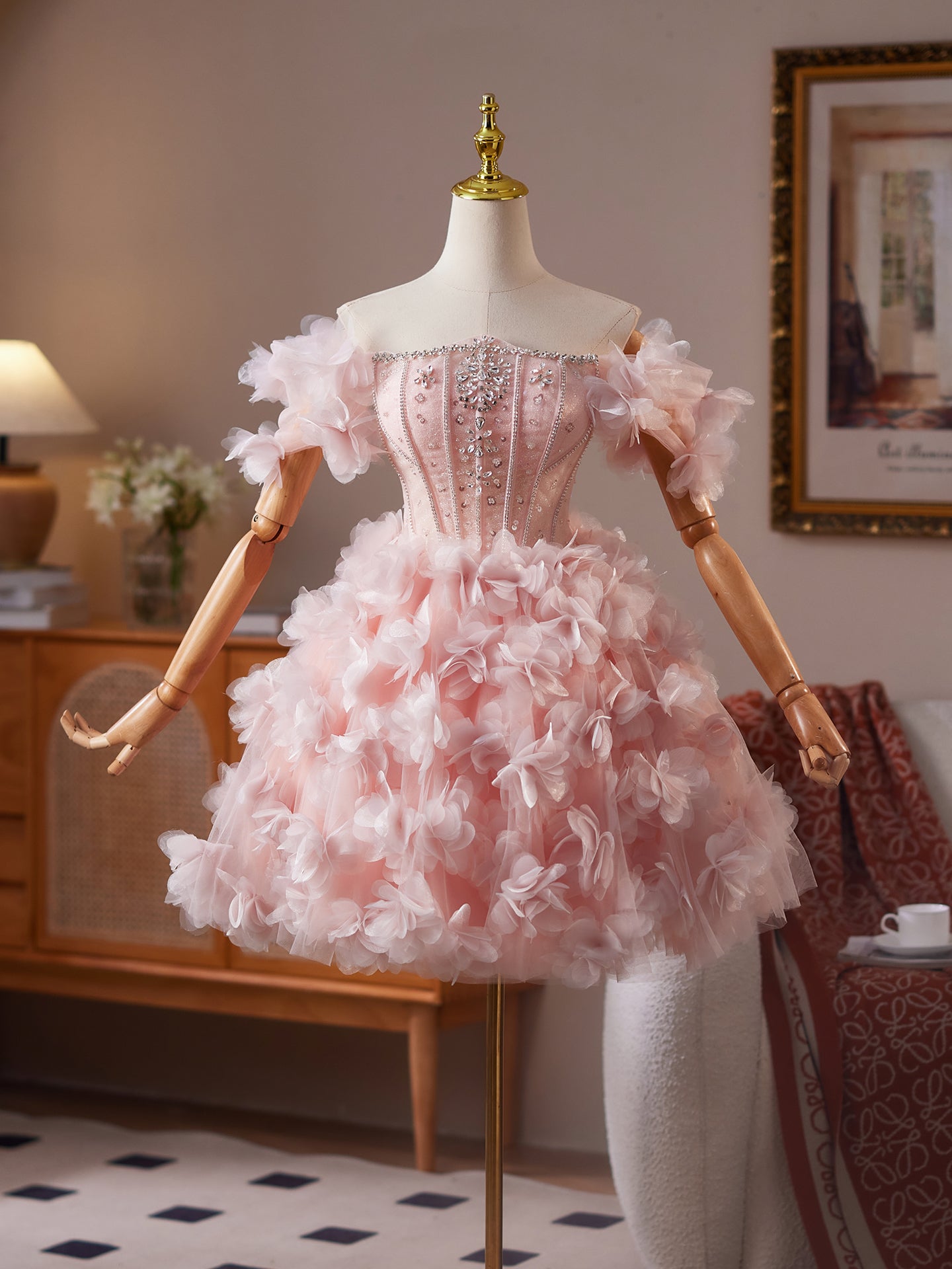 Robe de Bal Princesse Rose Épaules Dénudées Robe Boule à Cristaux pour Homecoming