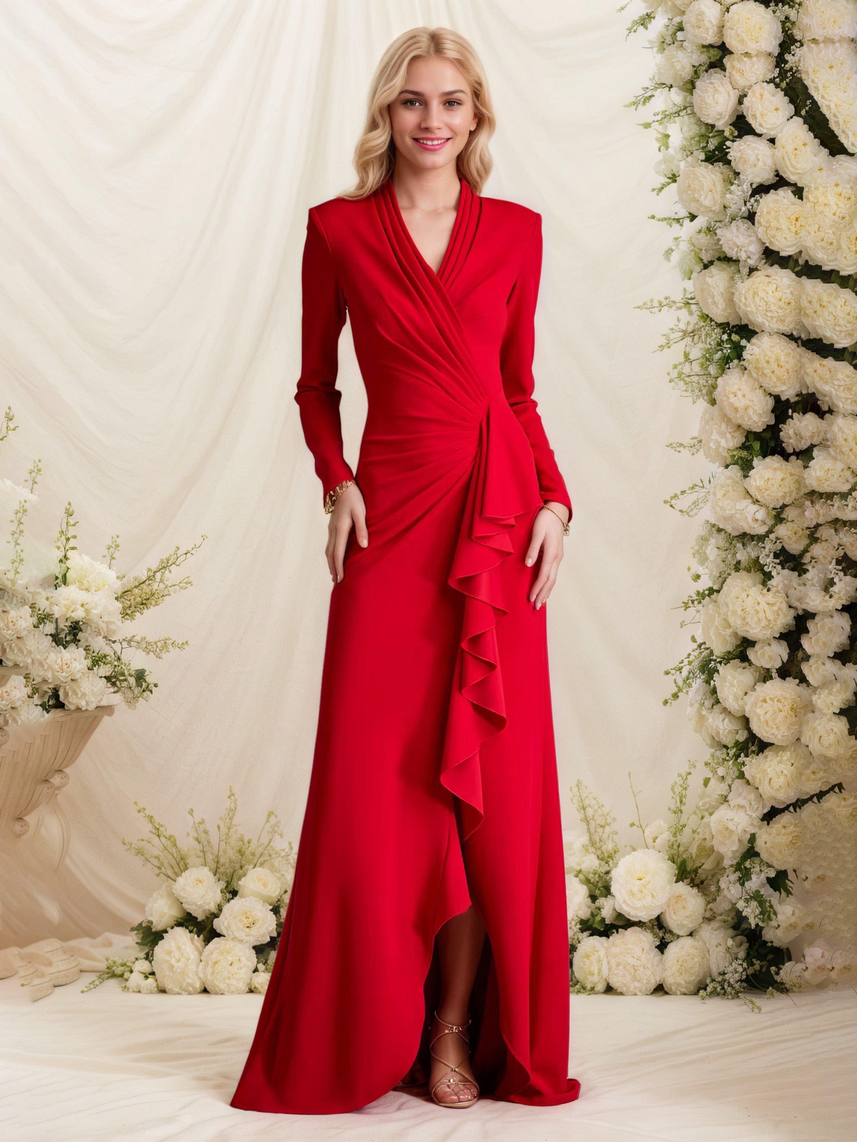 Robe Cérémonie Mariage Mère Du Marié Rouge Manches longues Satin Extensible Robe Mère de la Mariée