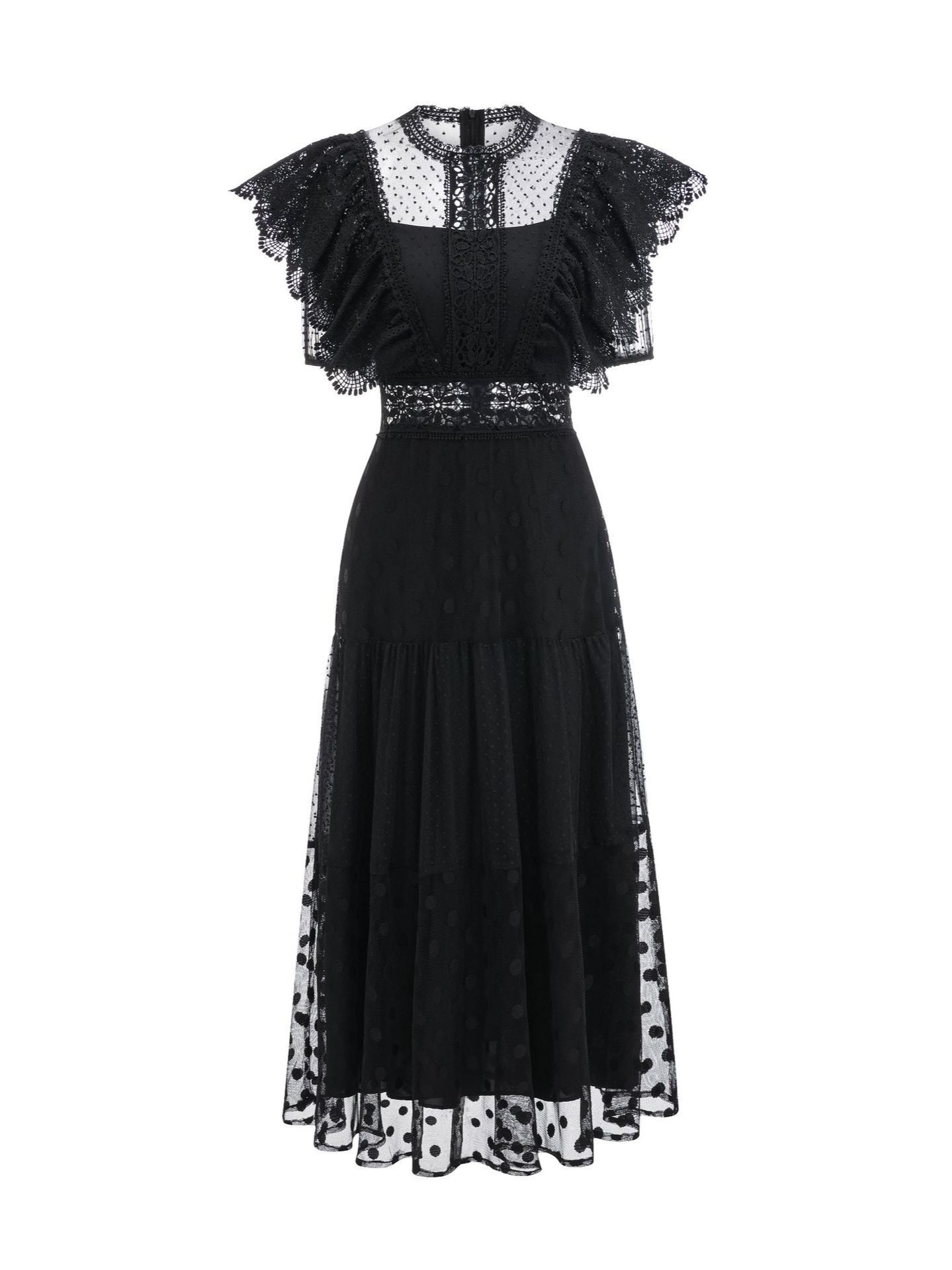 Robe Longue Trapèze Col Rond Manches Courtes Robe de Soirée en Noir