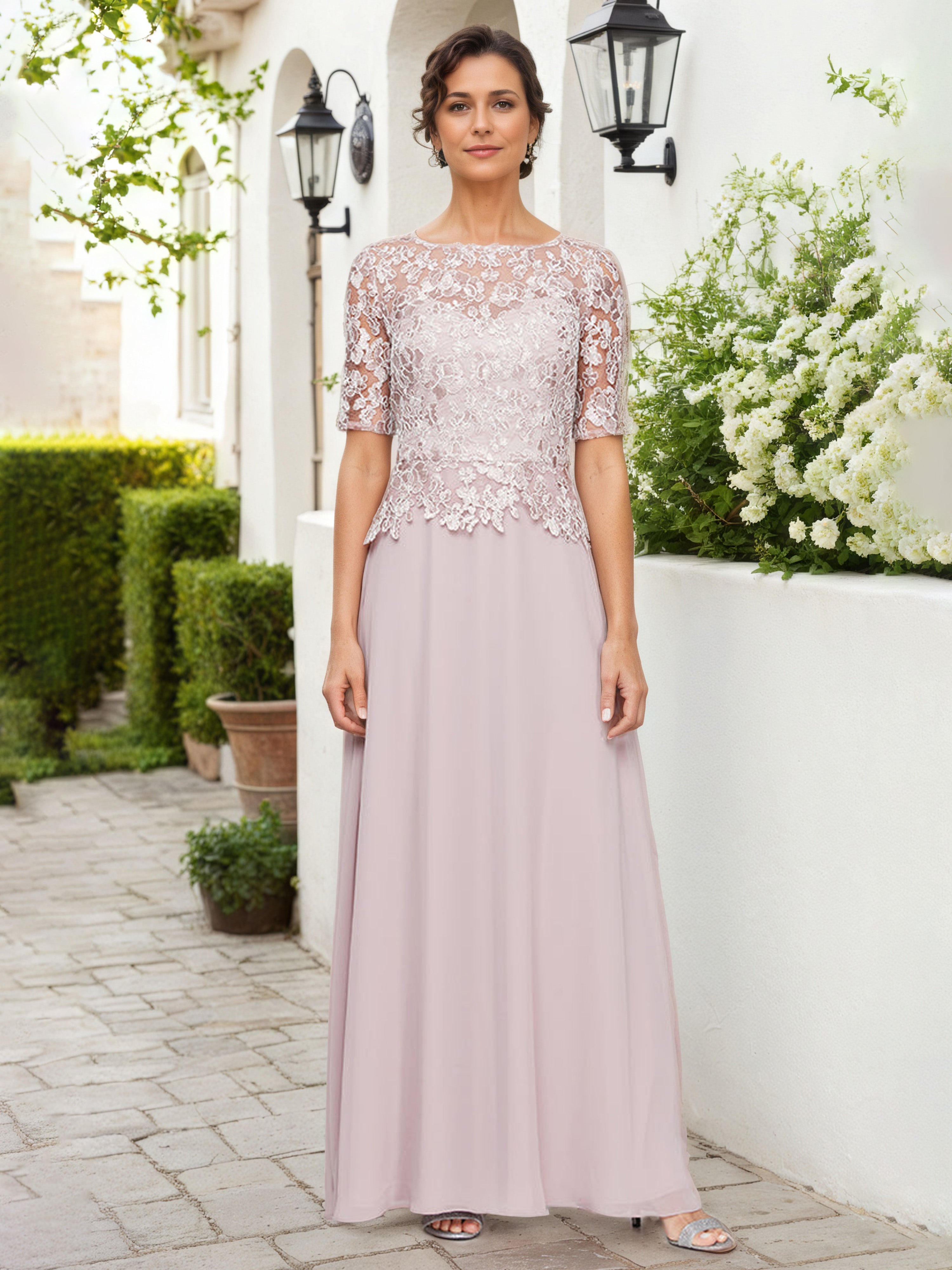 Robe Mere dela Mariee Rose Col Rond Robe Trapèze en dentelle Demi-Manche