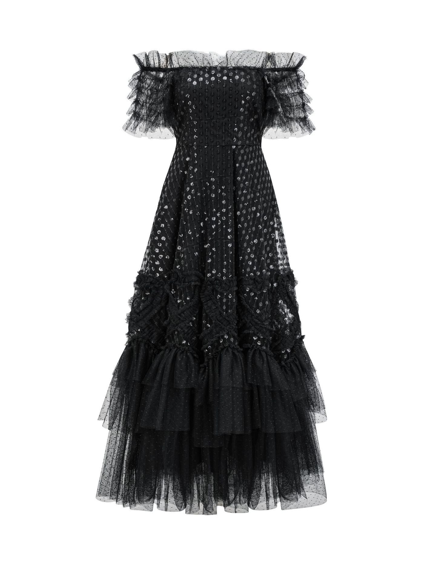 Robe Paillettes Trapèze Épaule Dénudée Manches Courtes Robe de Soirée en Noir