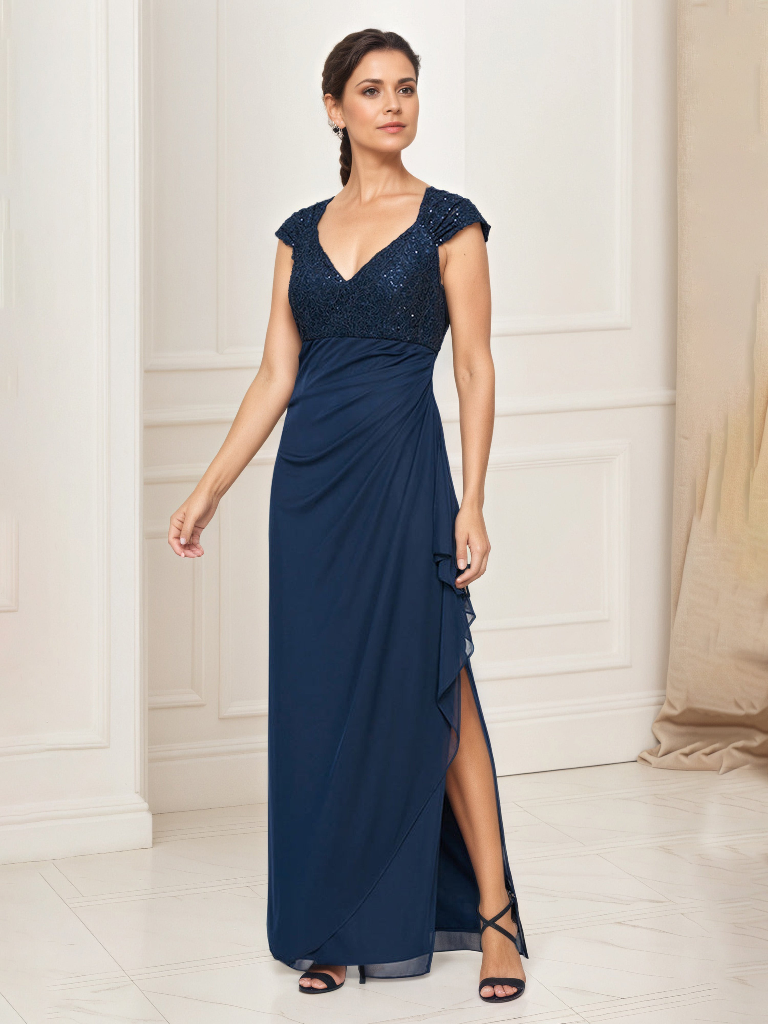 Robe Mere dela Mariee BLEU_MARINE Col V Robe Taille Empire Fendue Manchette