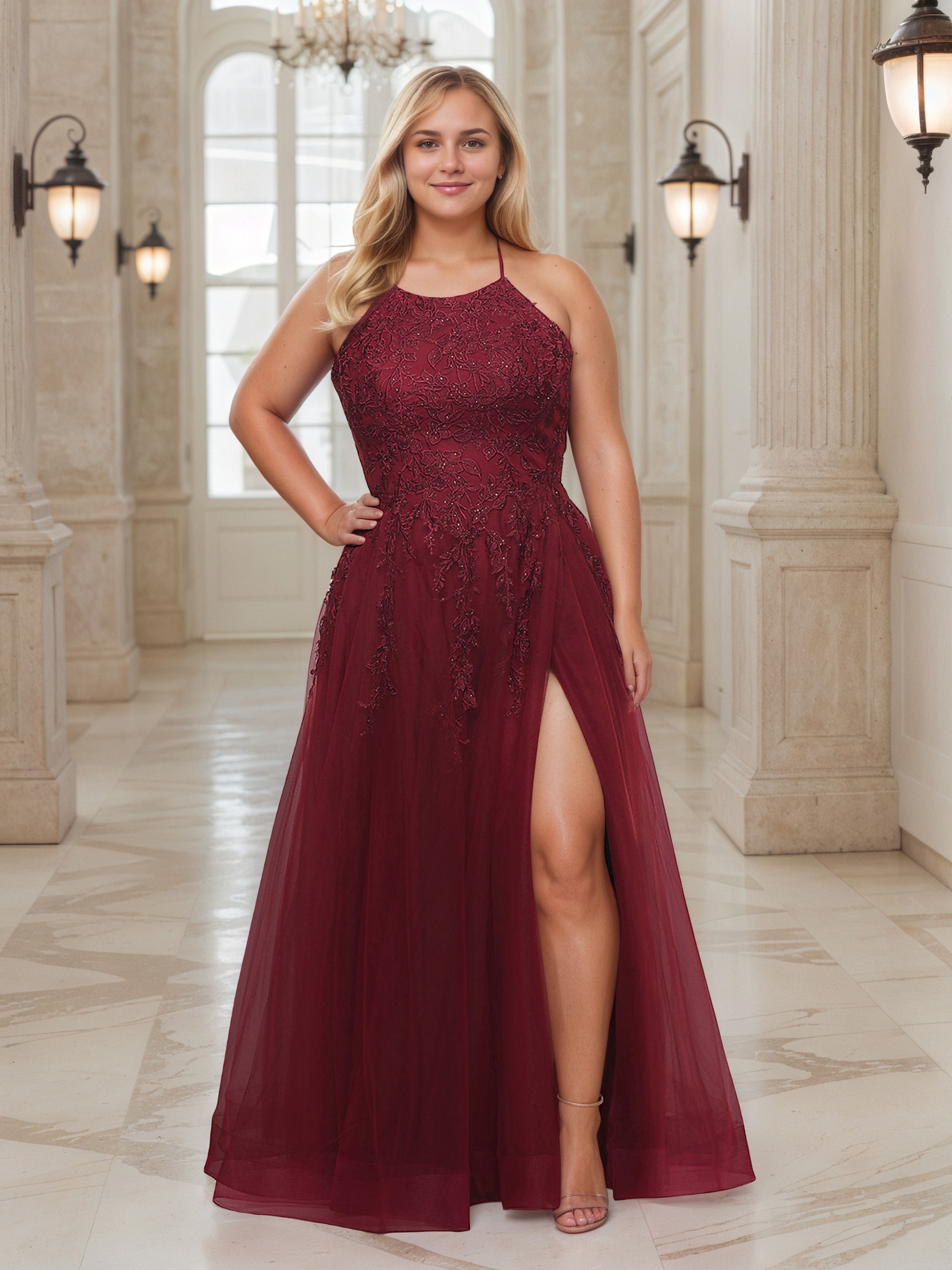 Robe de Bal BORDEAUX à Encolure Licou avec Broderie Dentelle Grande Taille Longue Sans Manches et Fente